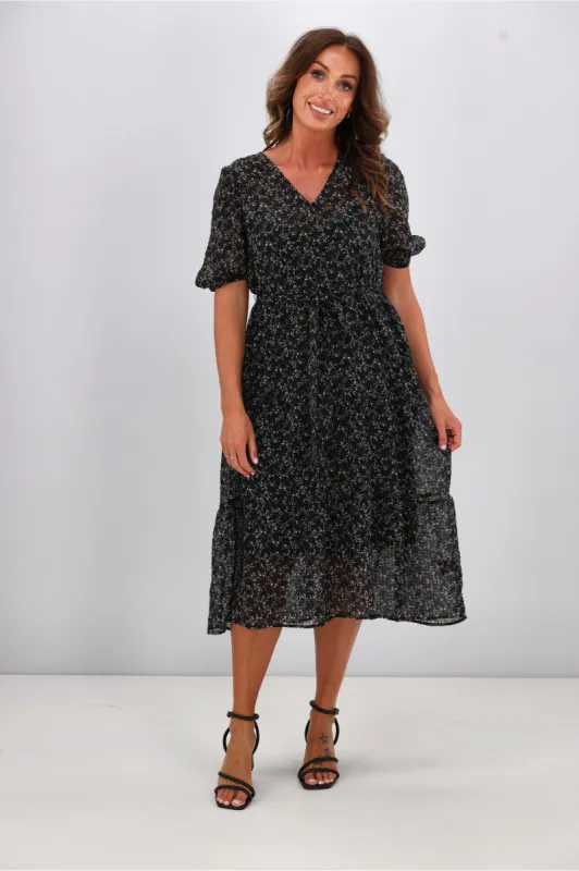 Gloss by Shine On Kaylee Puffed Sleeve Dress Check Floral Chiffon Black sold by Shine On