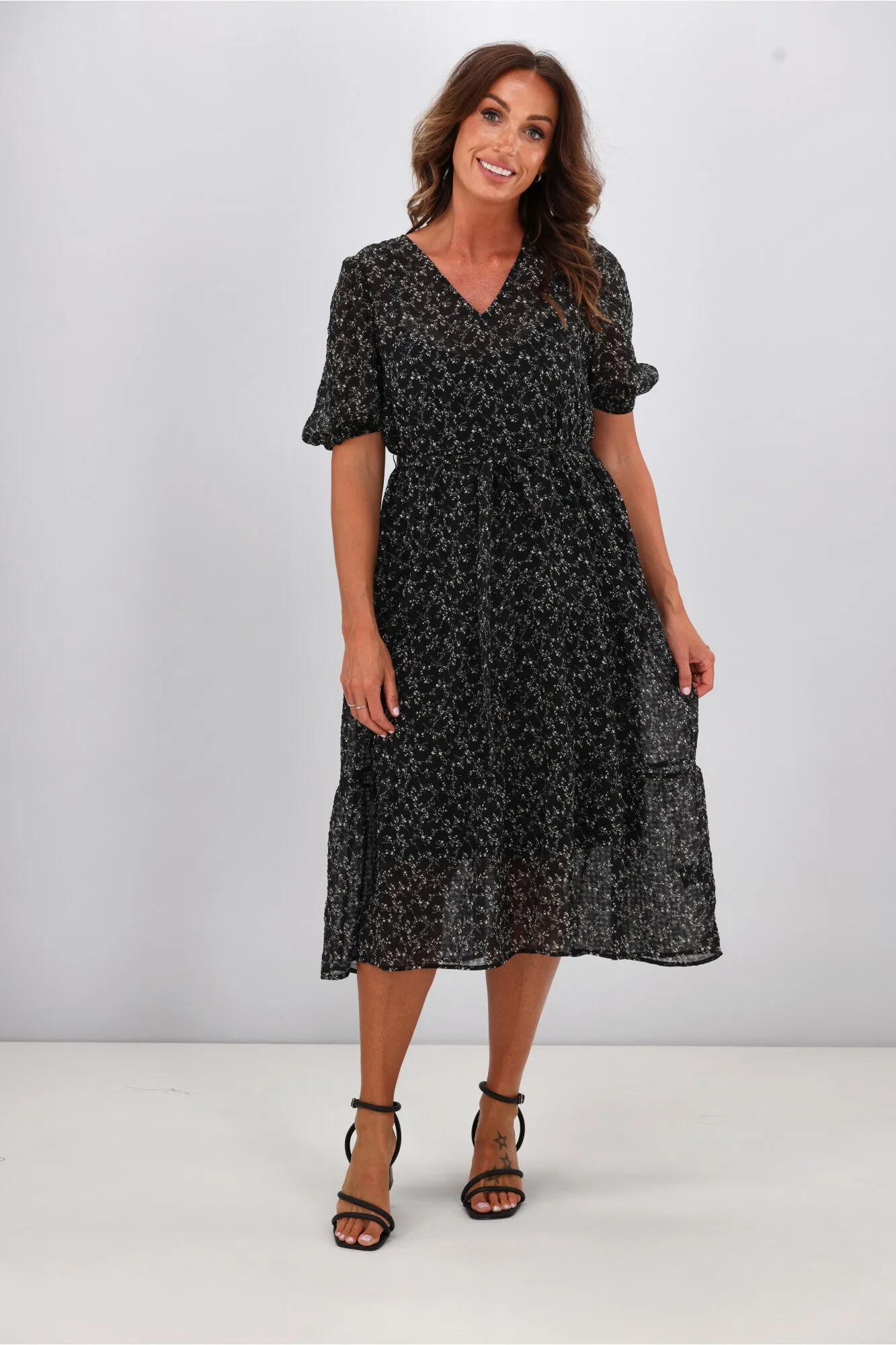 Gloss by Shine On Kaylee Puffed Sleeve Dress Check Floral Chiffon Black sold by Shine On