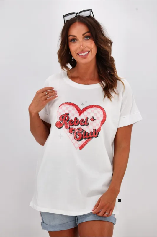 Rebel Club by Shine On Checkered Charm Love Cap Sleeve Tee White sold by Shine On
