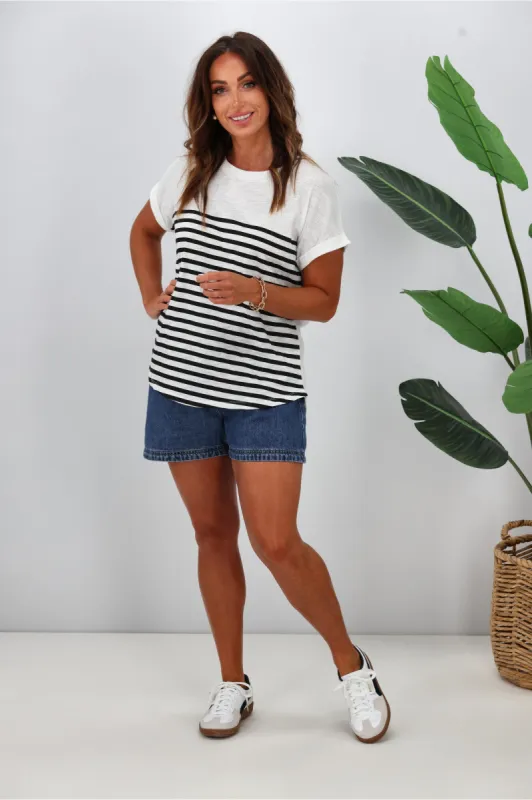 Betty Basics Hailey Short Sleeve Tee White Black Stripe sold by Shine On