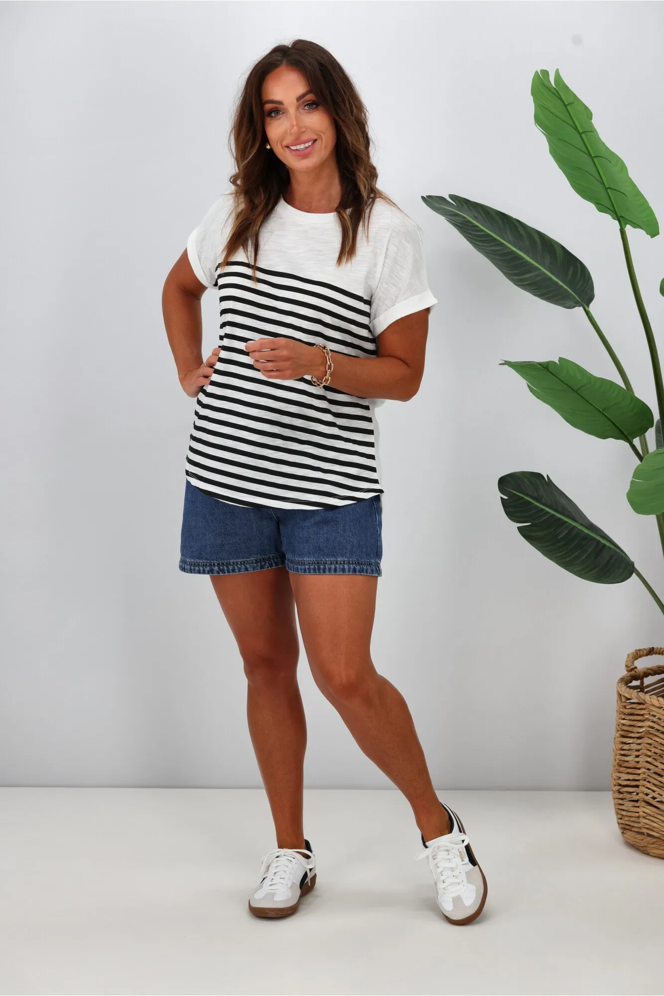 Betty Basics Hailey Short Sleeve Tee White Black Stripe sold by Shine On