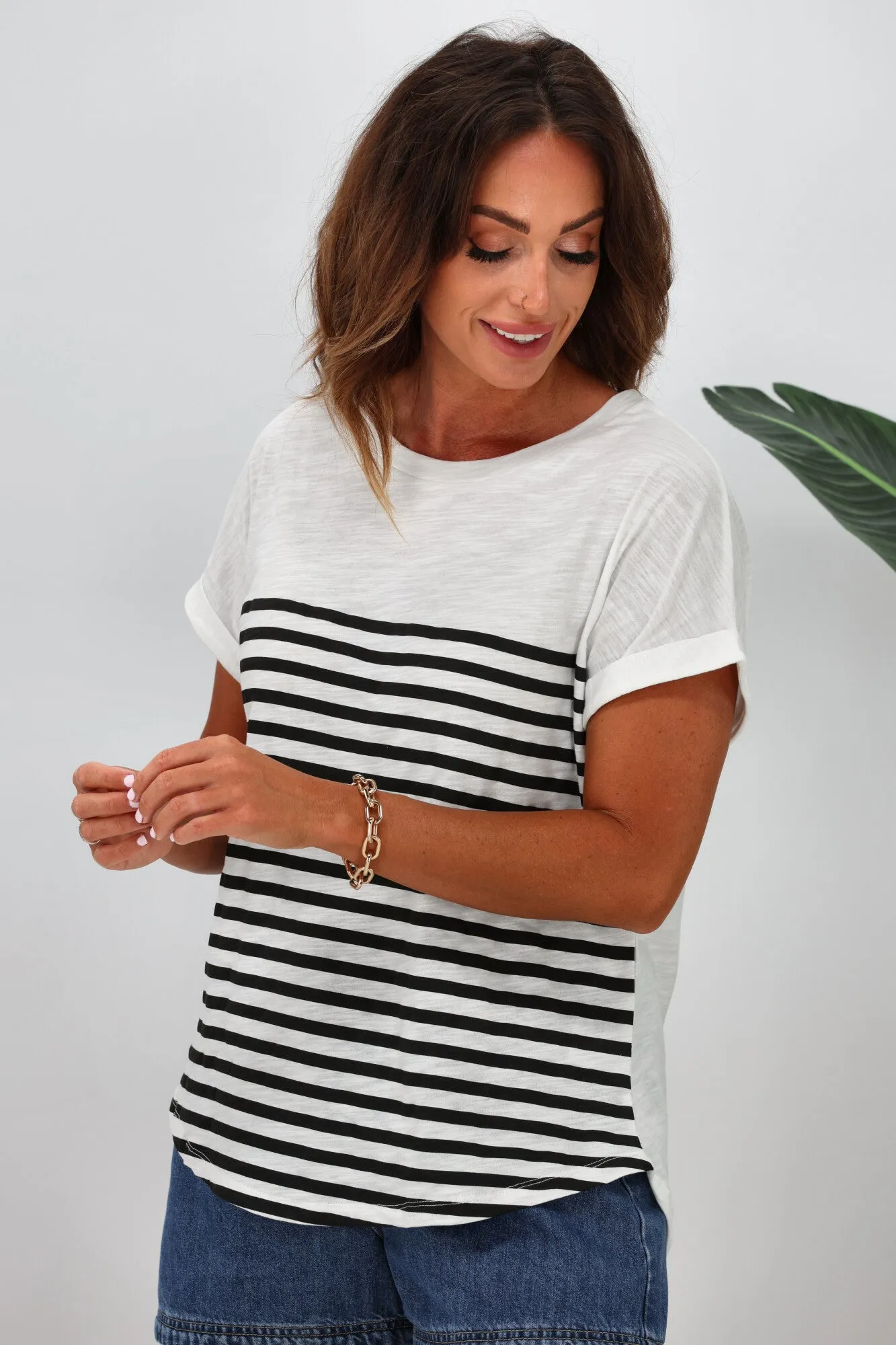 Betty Basics Hailey Short Sleeve Tee White Black Stripe sold by Shine On product image thumbnail 2