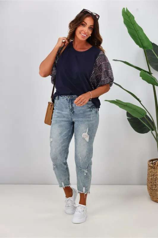 Shine On Label Selma Chiffon Sleeve Top Ink w Square Print sold by Shine On