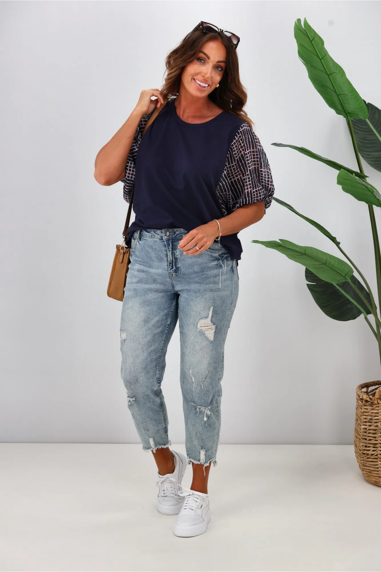 Shine On Label Selma Chiffon Sleeve Top Ink w Square Print sold by Shine On