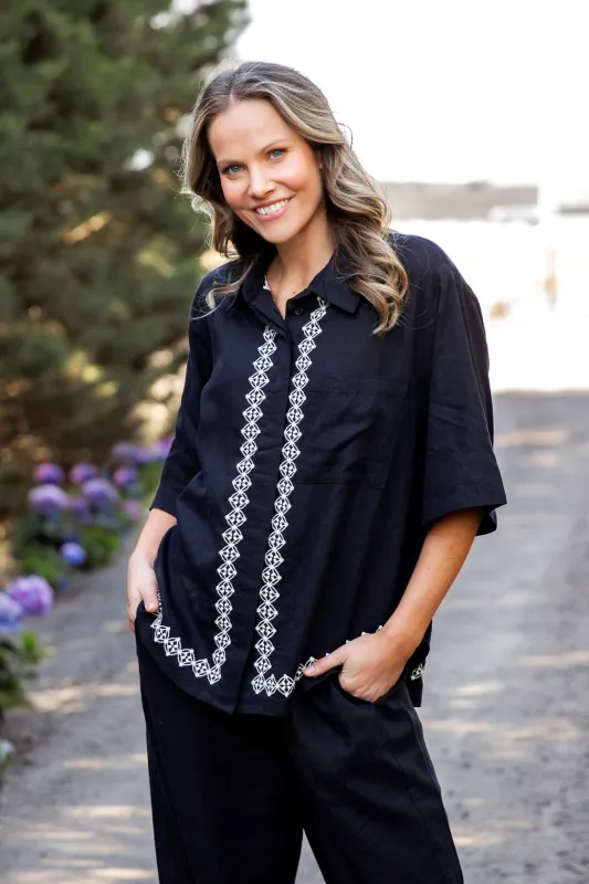Elm Nina Embroidered Shirt Black sold by Shine On