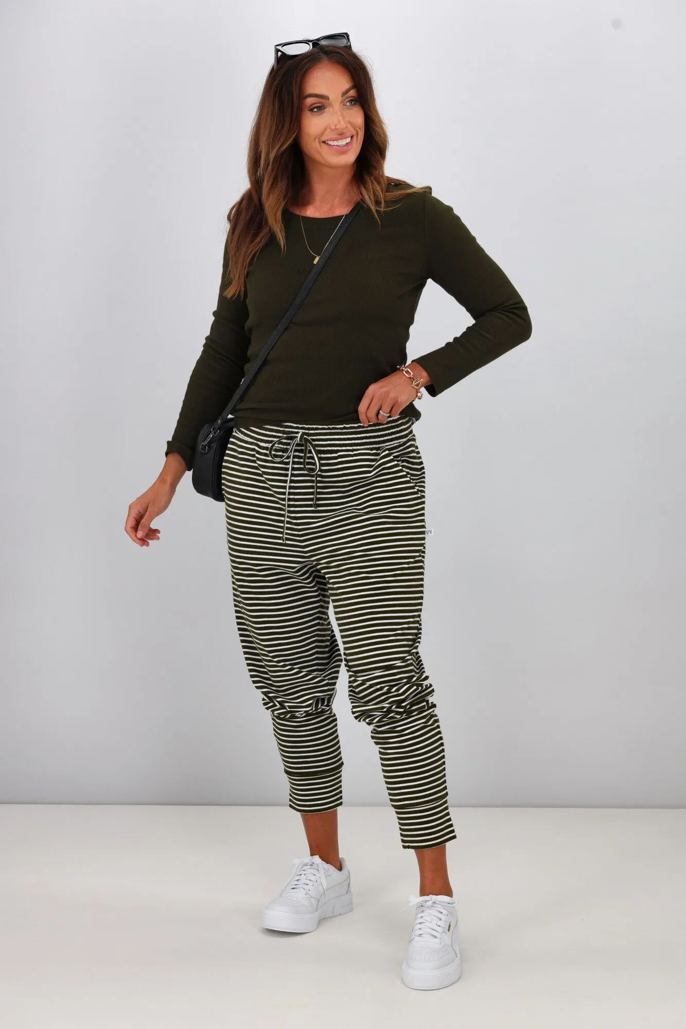 Shine On Essentials Stripe Pant Olive White Stripe sold by Shine On product image thumbnail 4