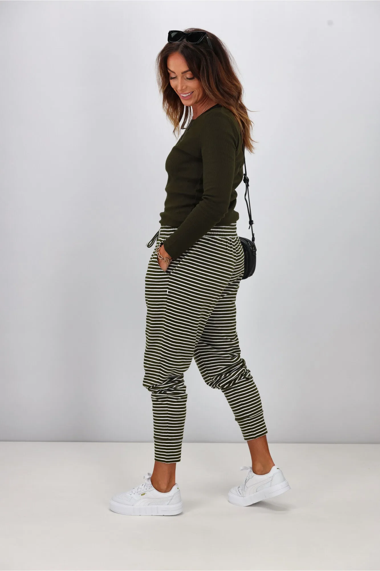 Shine On Essentials Stripe Pant Olive White Stripe sold by Shine On product image thumbnail 5