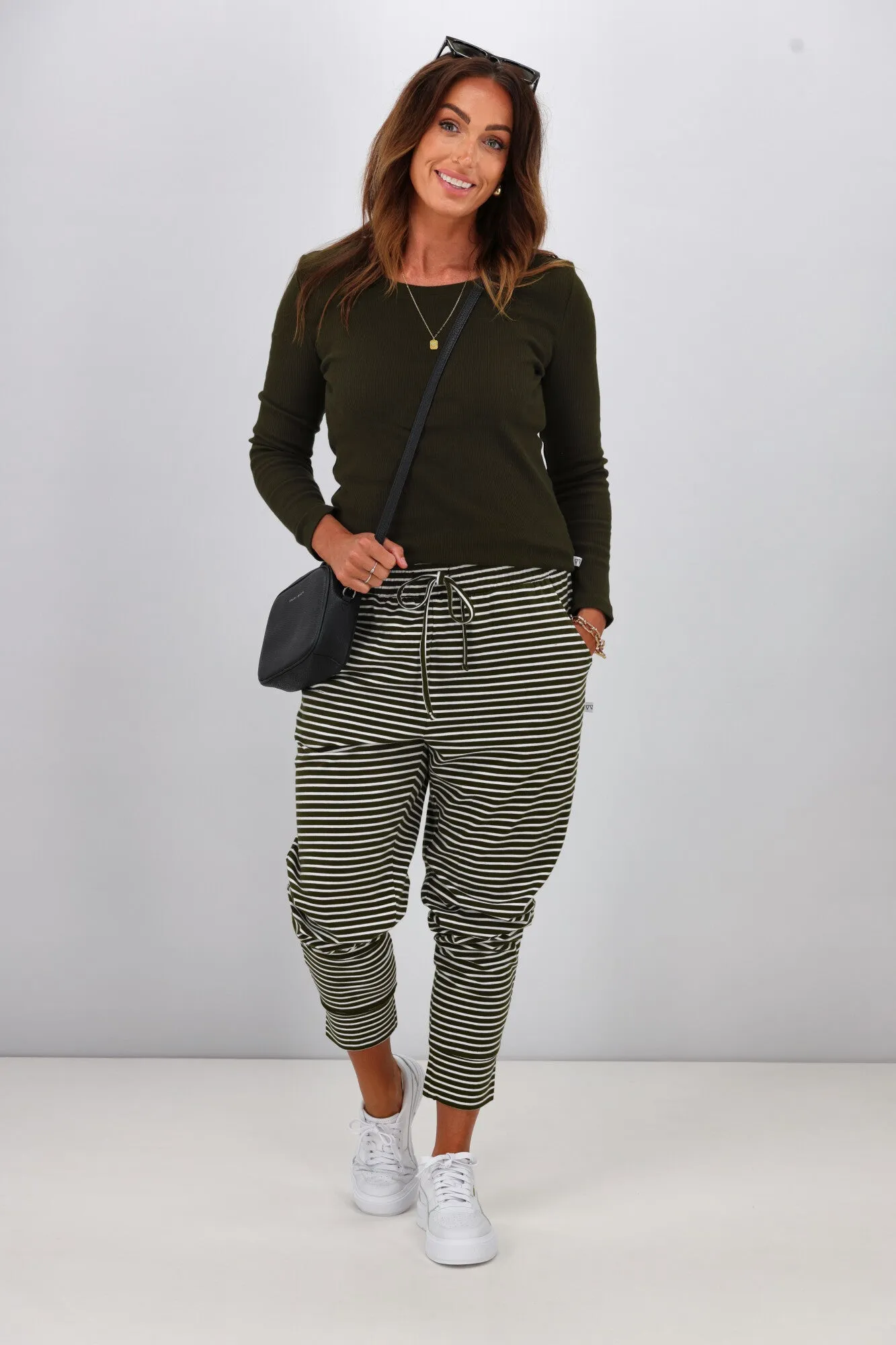 Shine On Essentials Stripe Pant Olive White Stripe sold by Shine On product image thumbnail 3