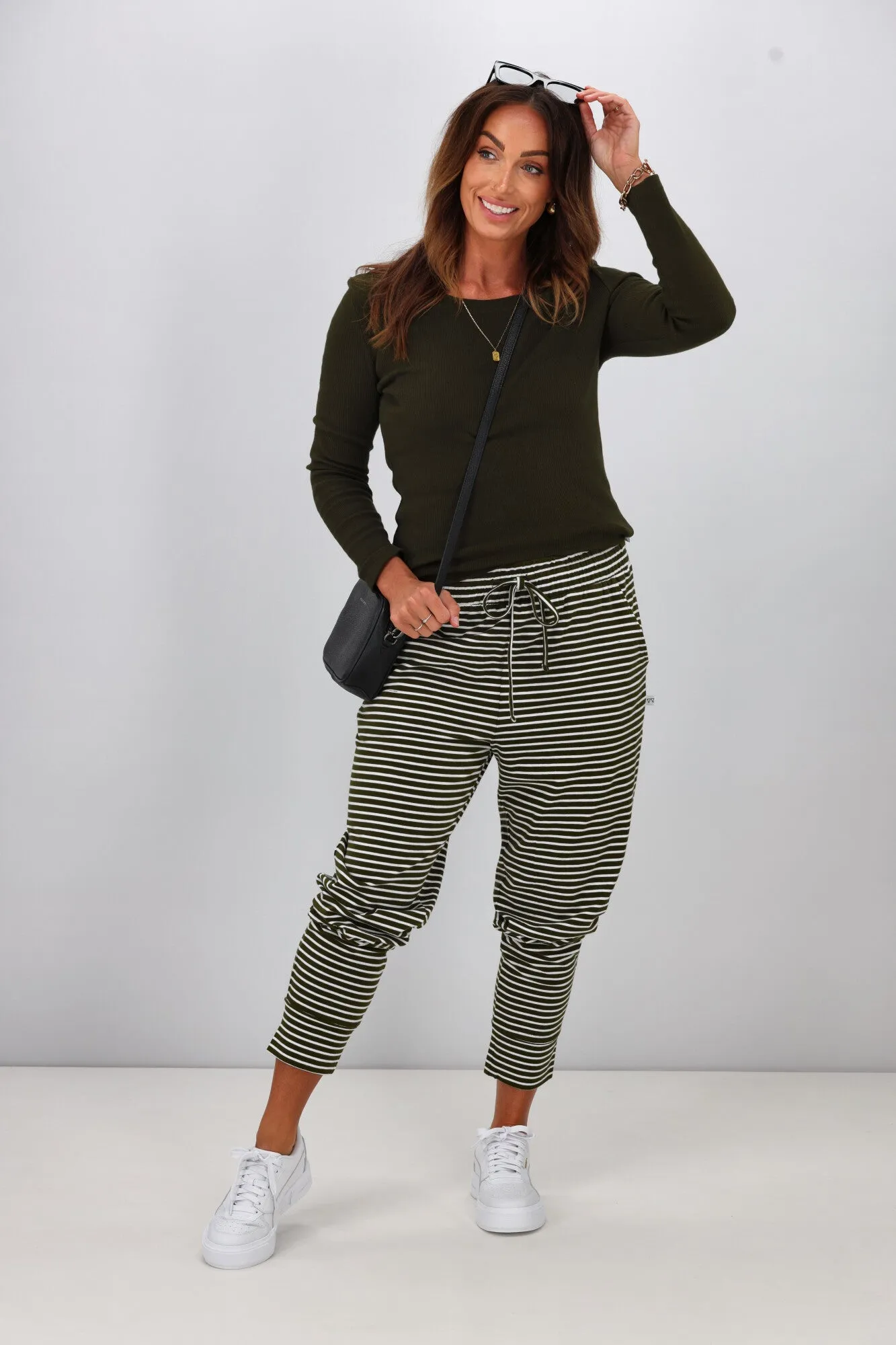Shine On Essentials Stripe Pant Olive White Stripe sold by Shine On