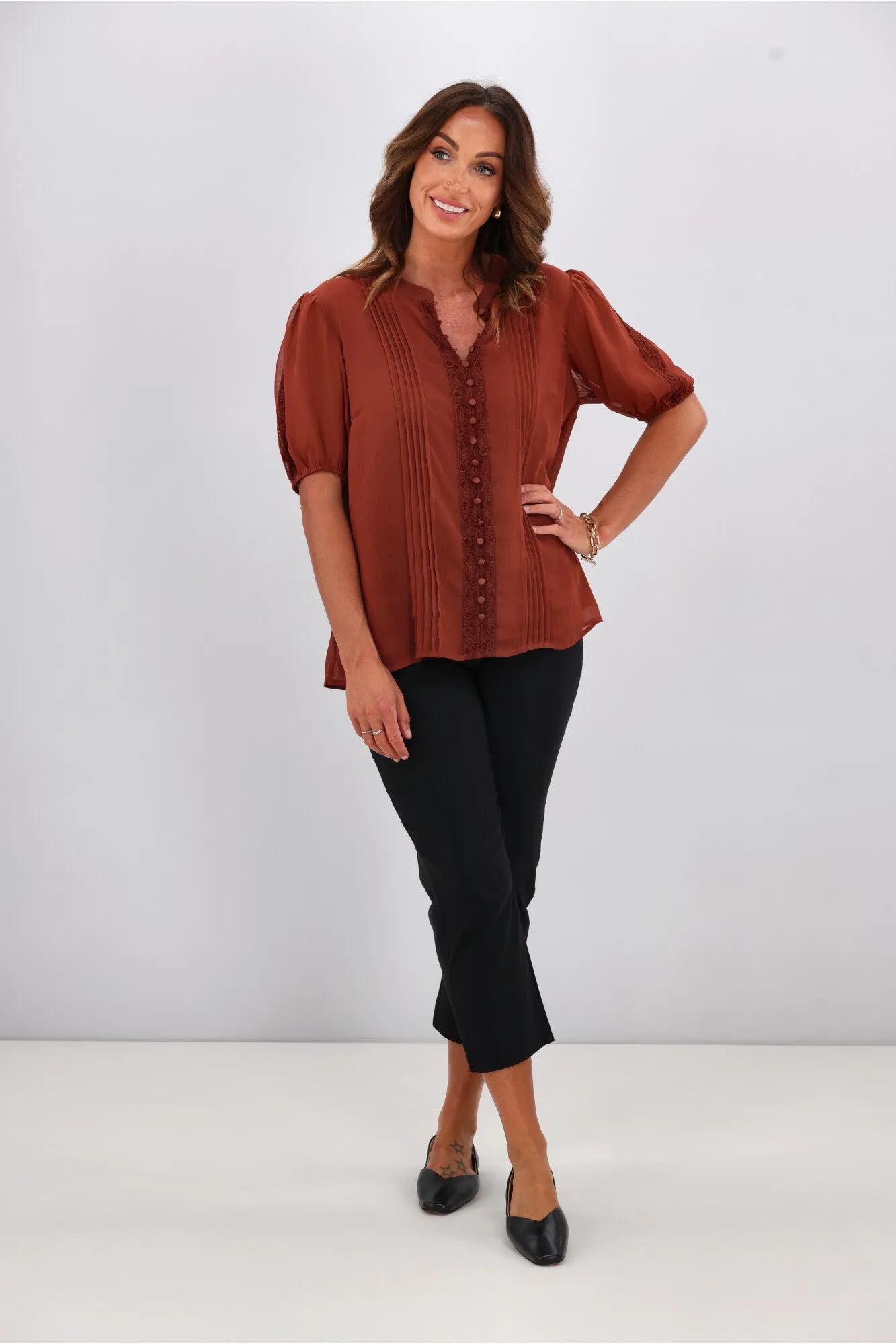 Gloss by Shine On Elin Lace Pin Tuck Blouse Coffee sold by Shine On product image thumbnail 3
