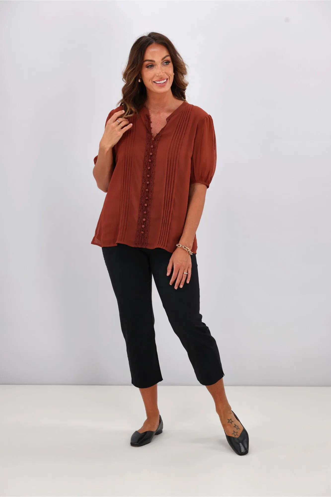 Gloss by Shine On Elin Lace Pin Tuck Blouse Coffee sold by Shine On product image thumbnail 4