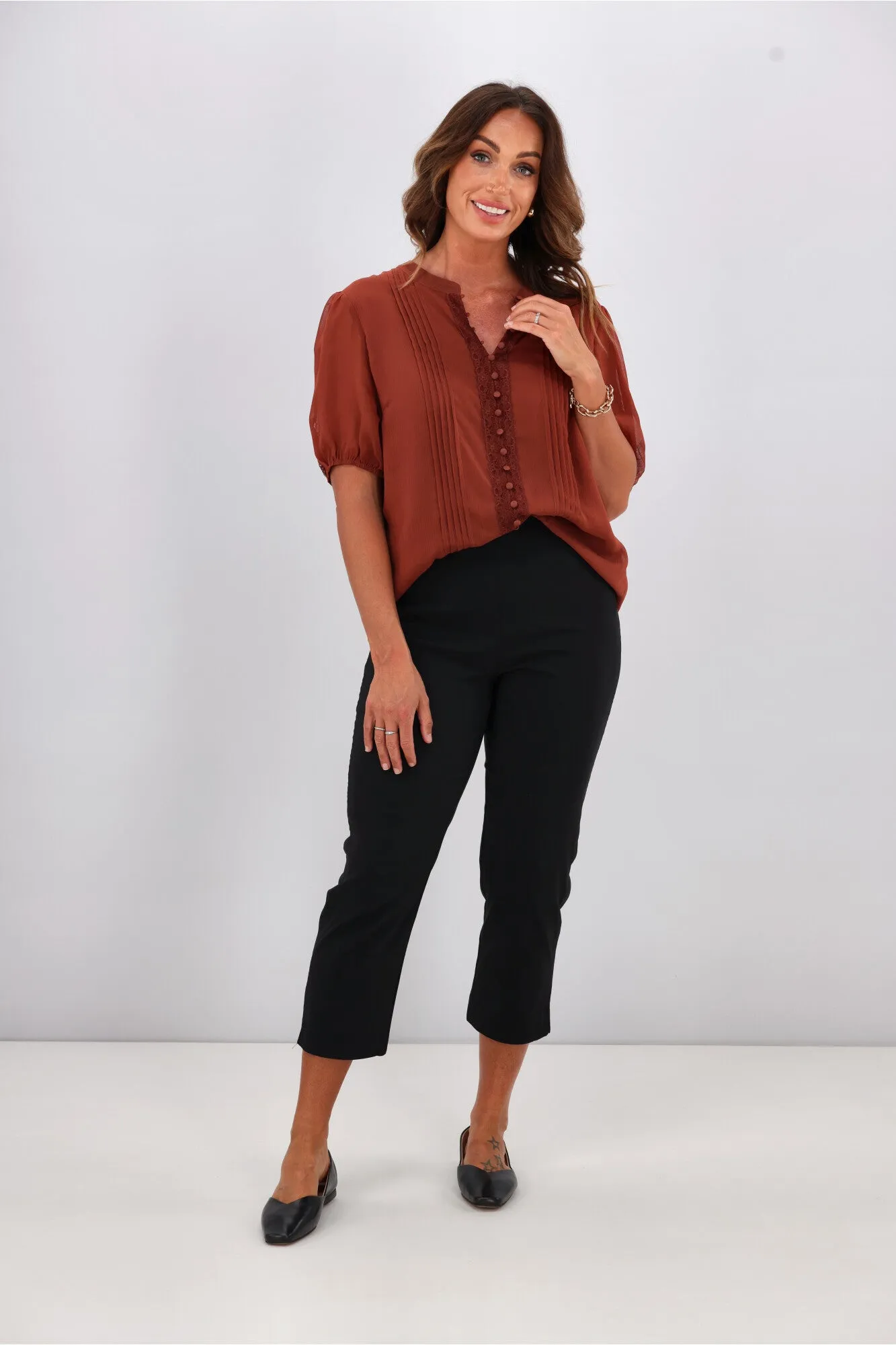 Gloss by Shine On Elin Lace Pin Tuck Blouse Coffee sold by Shine On