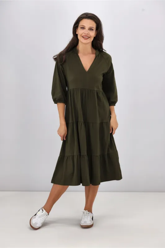 Shine On Essentials 3/4 Sleeve Tiered Dress Olive sold by Shine On