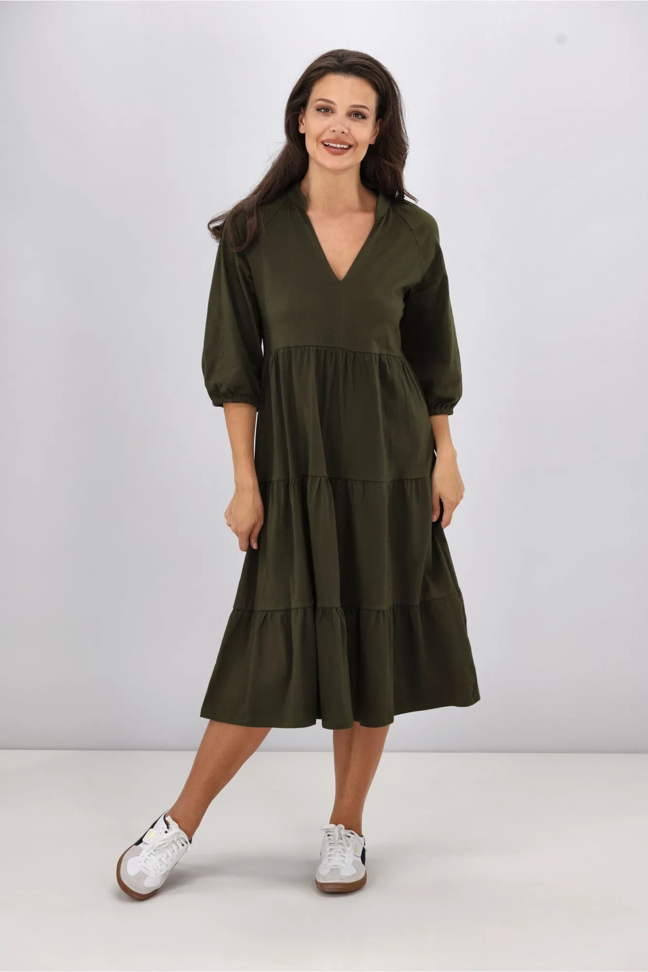 Shine On Essentials 3/4 Sleeve Tiered Dress Olive sold by Shine On