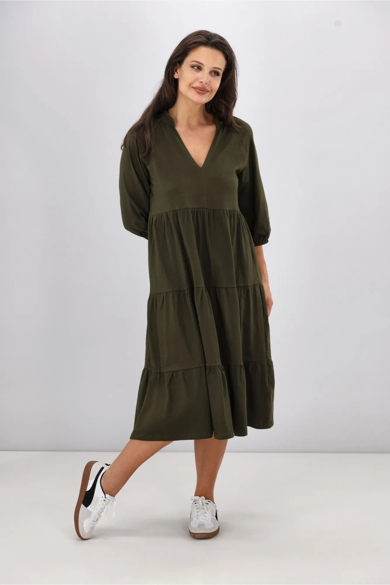 Shine On Essentials 3/4 Sleeve Tiered Dress Olive sold by Shine On product image thumbnail 4