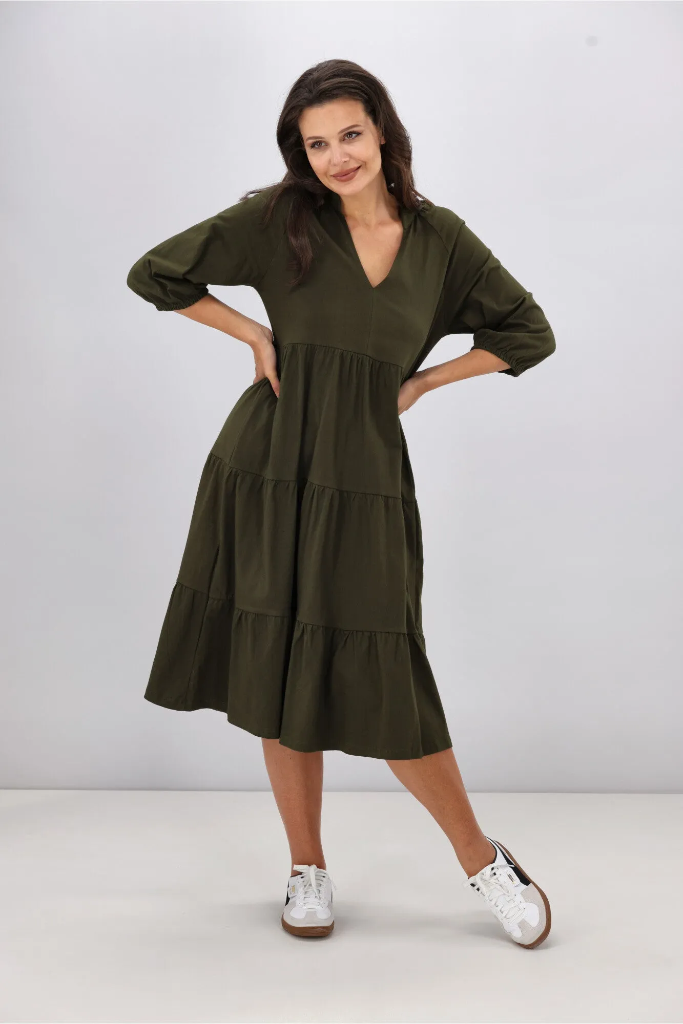 Shine On Essentials 3/4 Sleeve Tiered Dress Olive sold by Shine On product image thumbnail 3