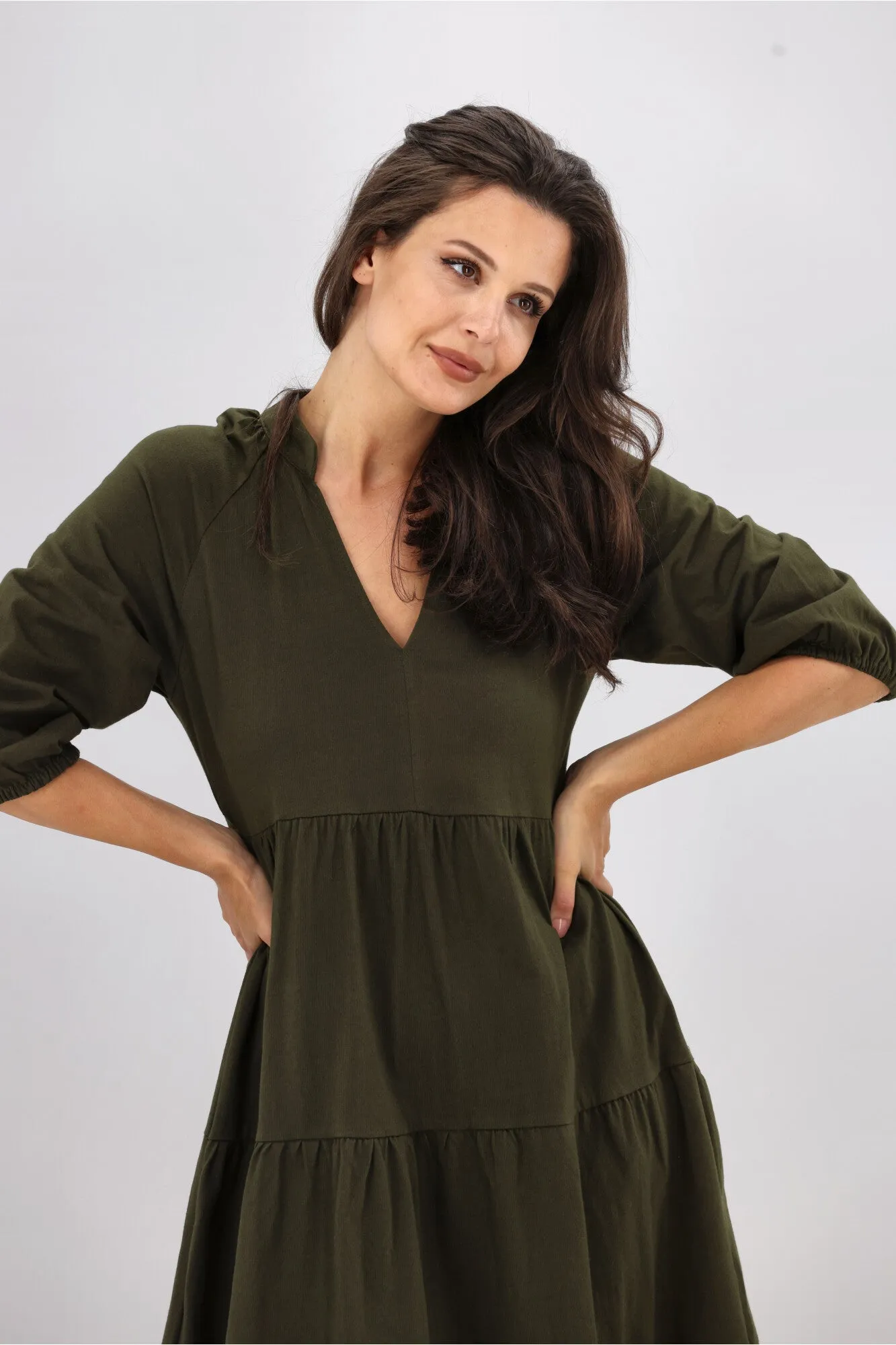 Shine On Essentials 3/4 Sleeve Tiered Dress Olive sold by Shine On product image thumbnail 2