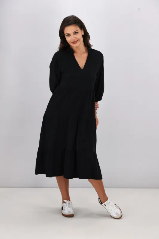Shine On Essentials 3/4 Sleeve Tiered Dress Black sold by Shine On