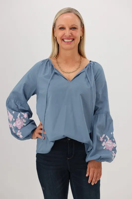 Gloss by Shine On Nadia Lantern Sleeve Top Blue sold by Shine On