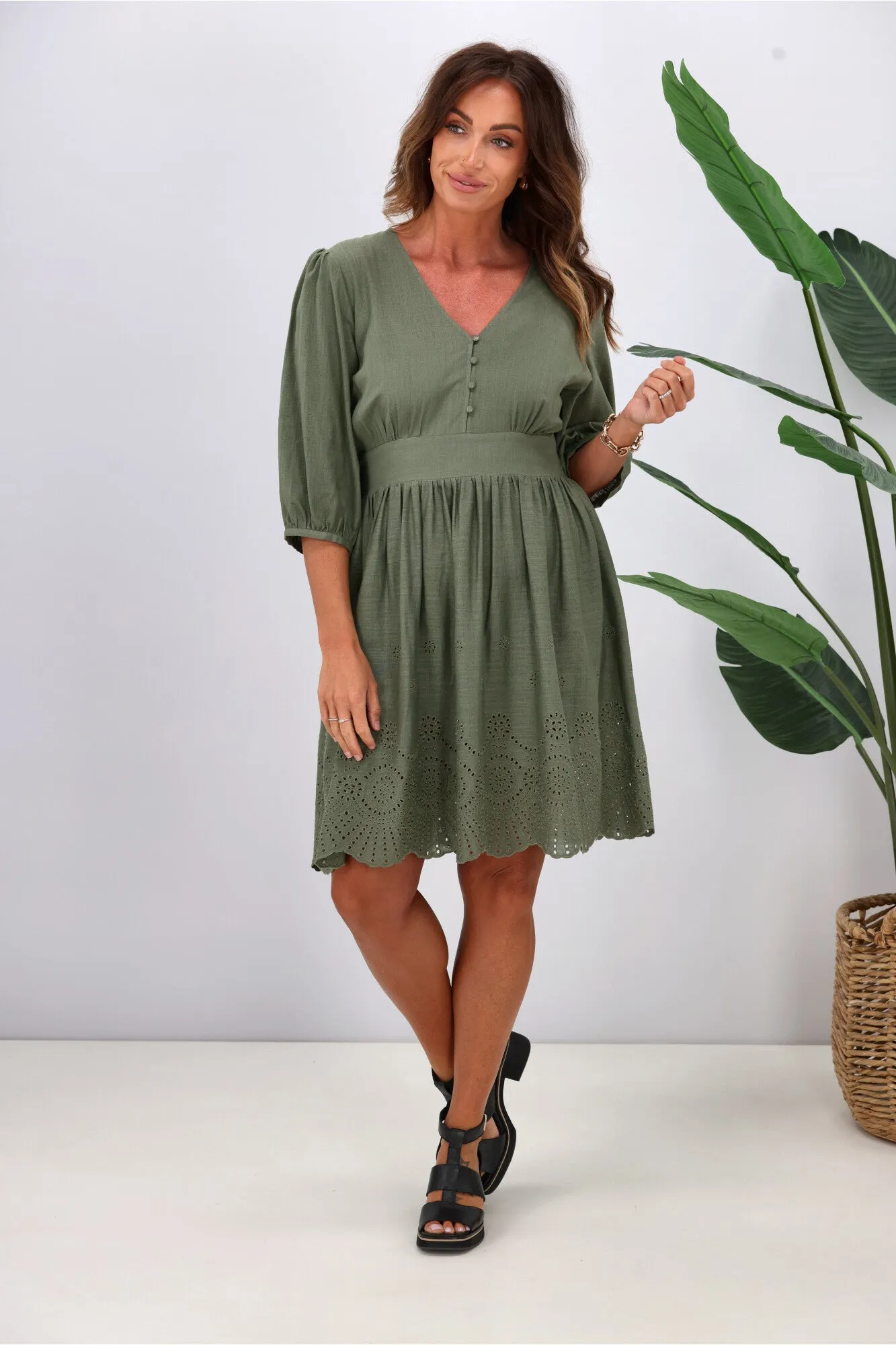 Gloss by Shine On Eleanor Broderie Linen Look Dress Sage sold by Shine On product image thumbnail 5