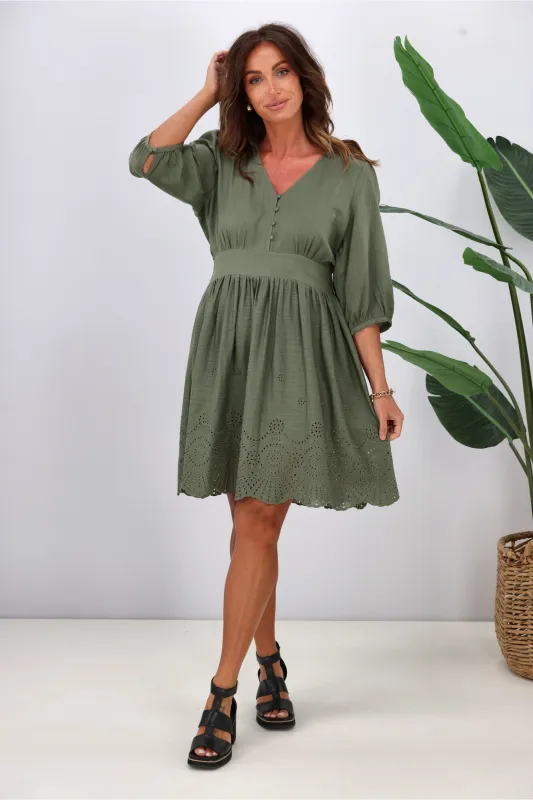 Gloss by Shine On Eleanor Broderie Linen Look Dress Sage sold by Shine On