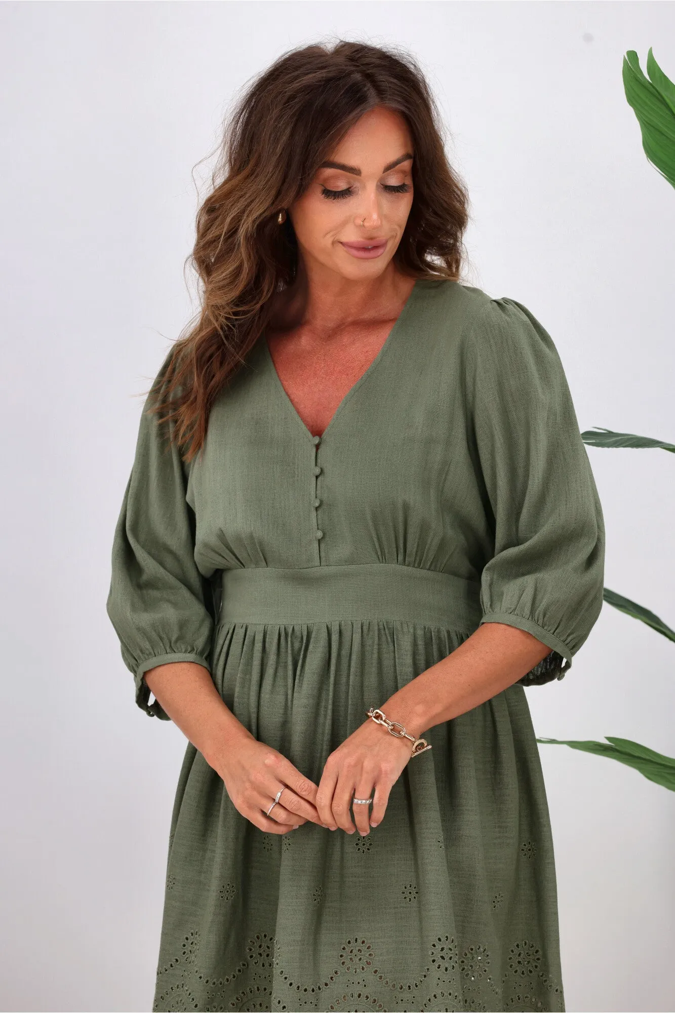 Gloss by Shine On Eleanor Broderie Linen Look Dress Sage sold by Shine On product image thumbnail 2