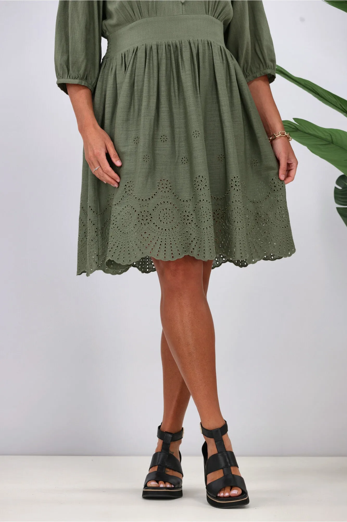 Gloss by Shine On Eleanor Broderie Linen Look Dress Sage sold by Shine On product image thumbnail 3