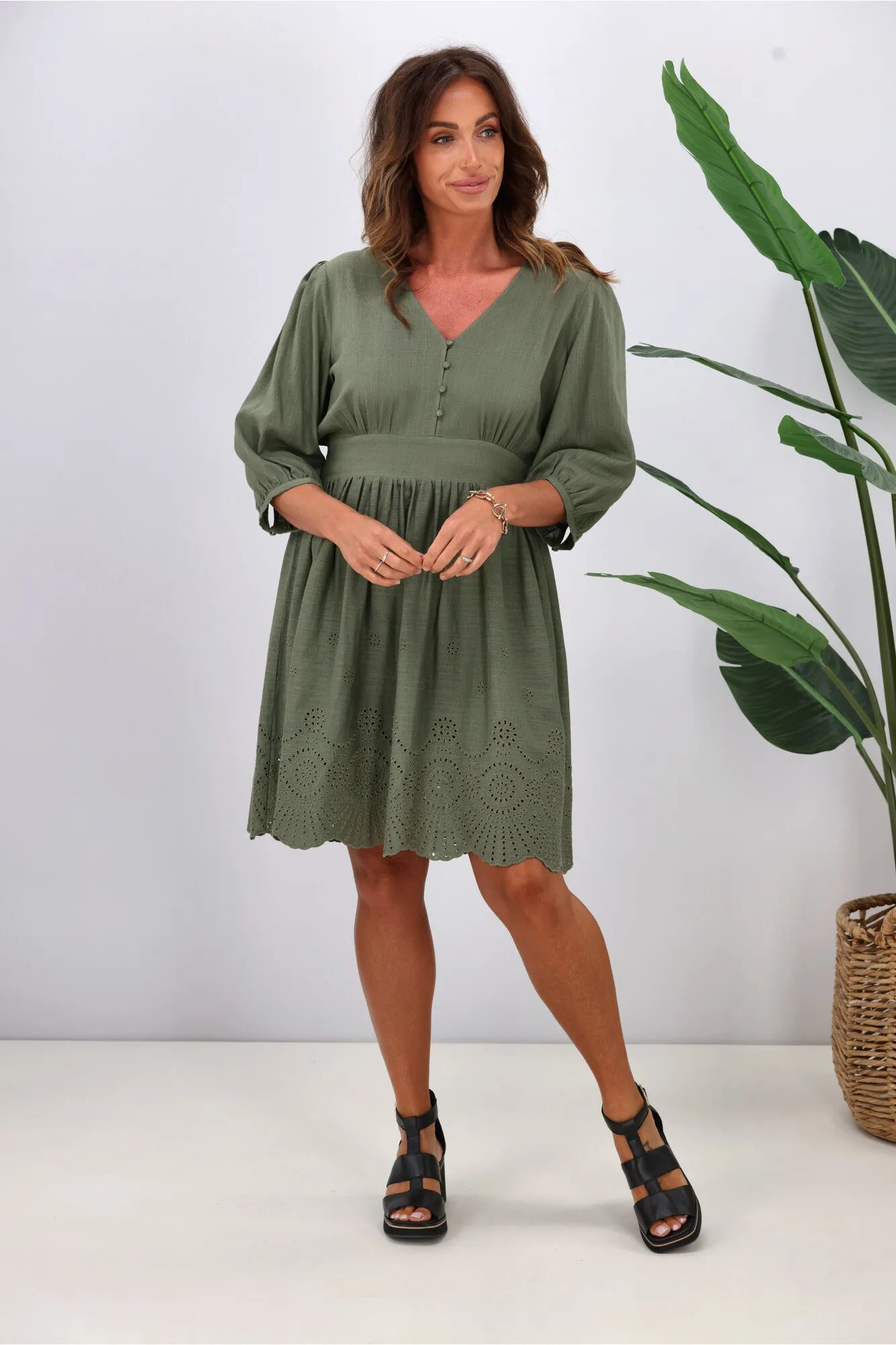 Gloss by Shine On Eleanor Broderie Linen Look Dress Sage sold by Shine On product image thumbnail 4