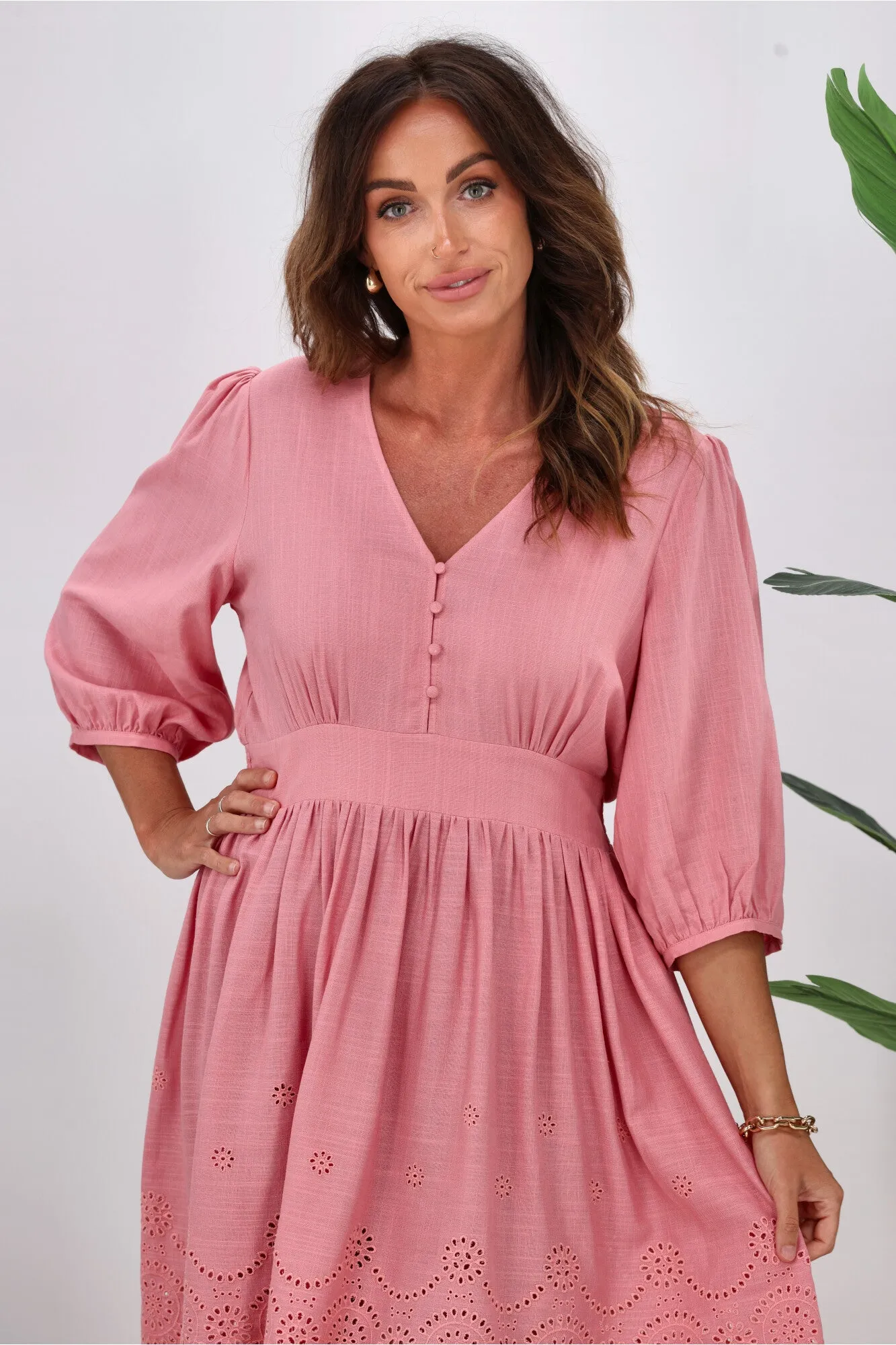 Gloss by Shine On Eleanor Broderie Linen Look Dress Pink sold by Shine On product image thumbnail 3