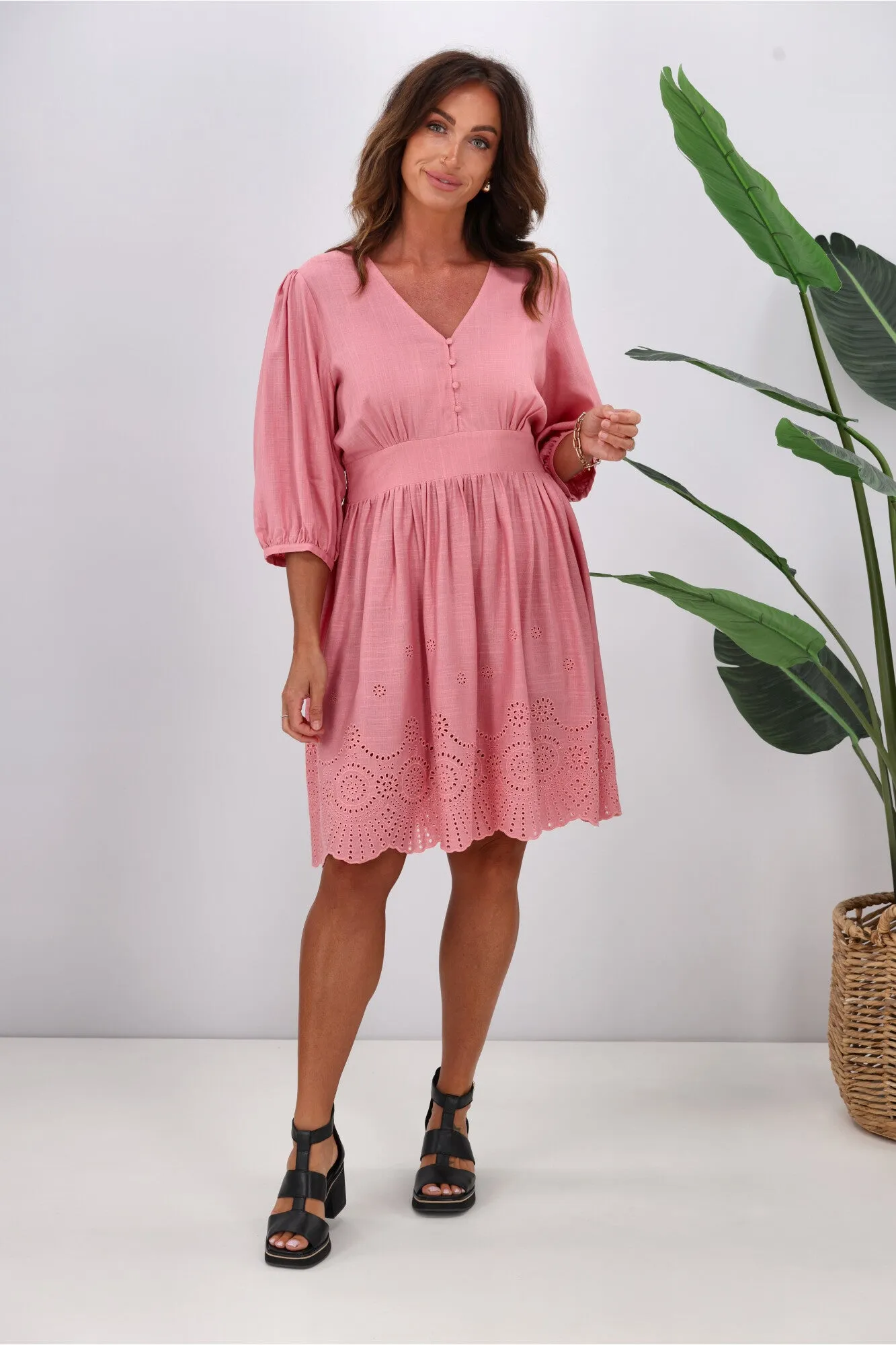 Gloss by Shine On Eleanor Broderie Linen Look Dress Pink sold by Shine On