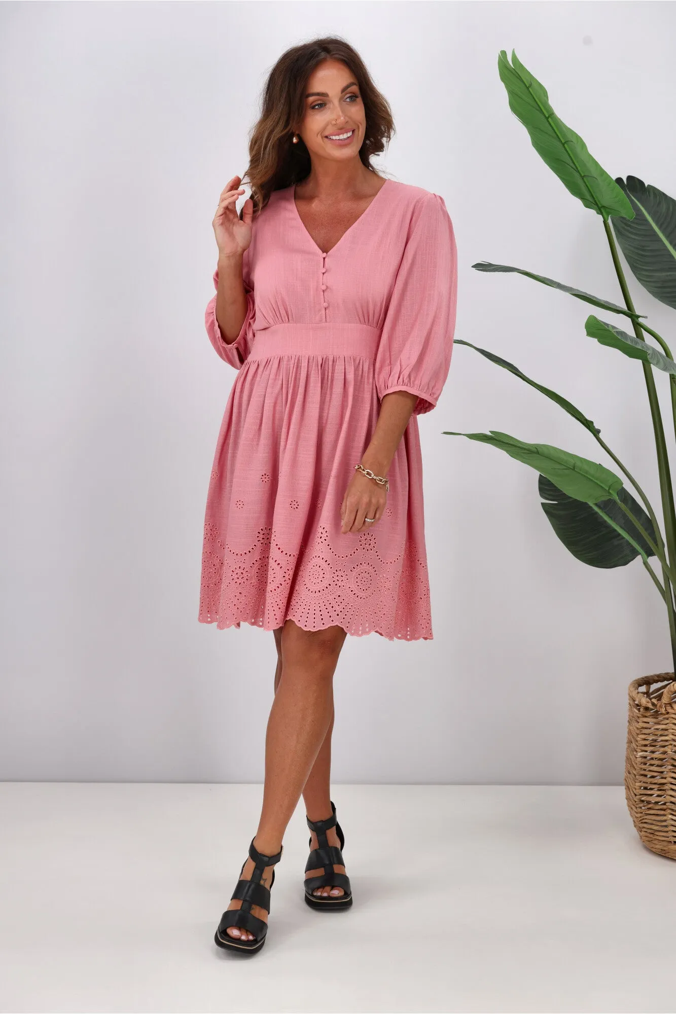 Gloss by Shine On Eleanor Broderie Linen Look Dress Pink sold by Shine On product image thumbnail 5