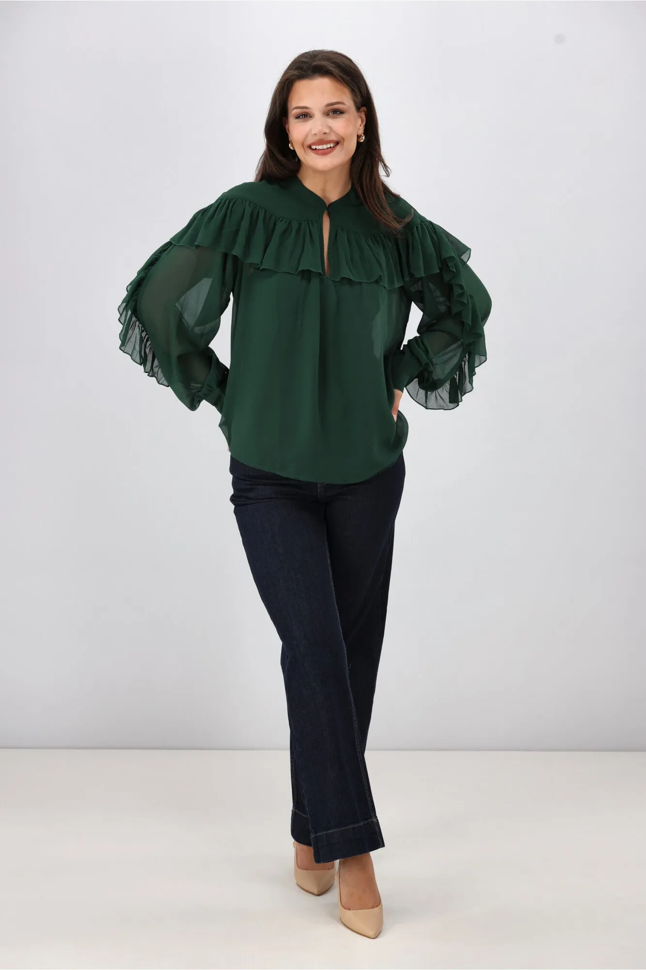 Gloss the Label Belle Chiffon Ruffle Top Green sold by Shine On