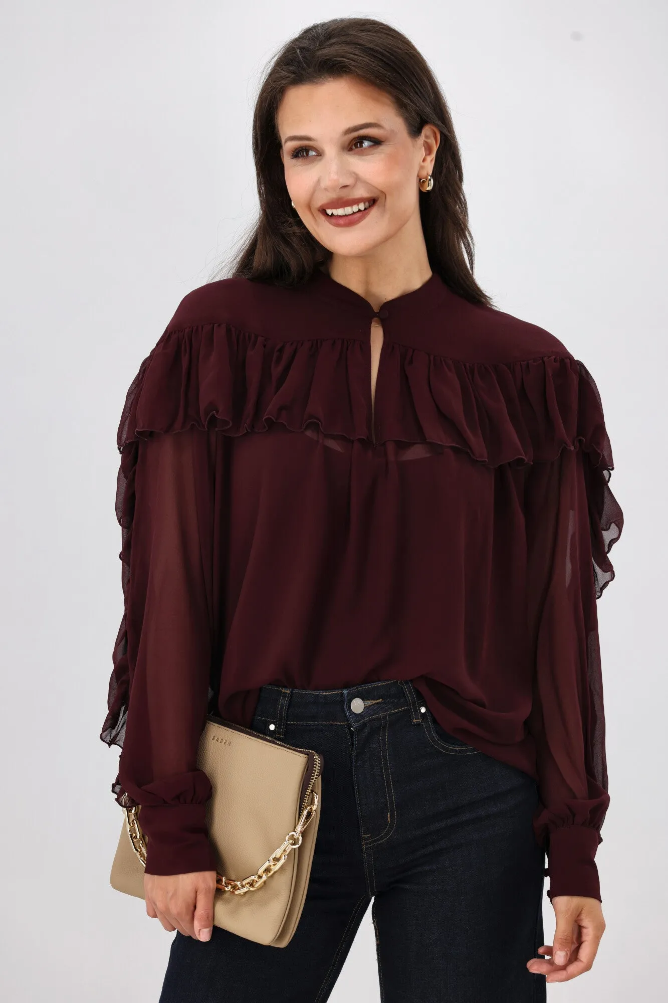 Gloss the Label Belle Chiffon Ruffle Top Merlot sold by Shine On product image thumbnail 4