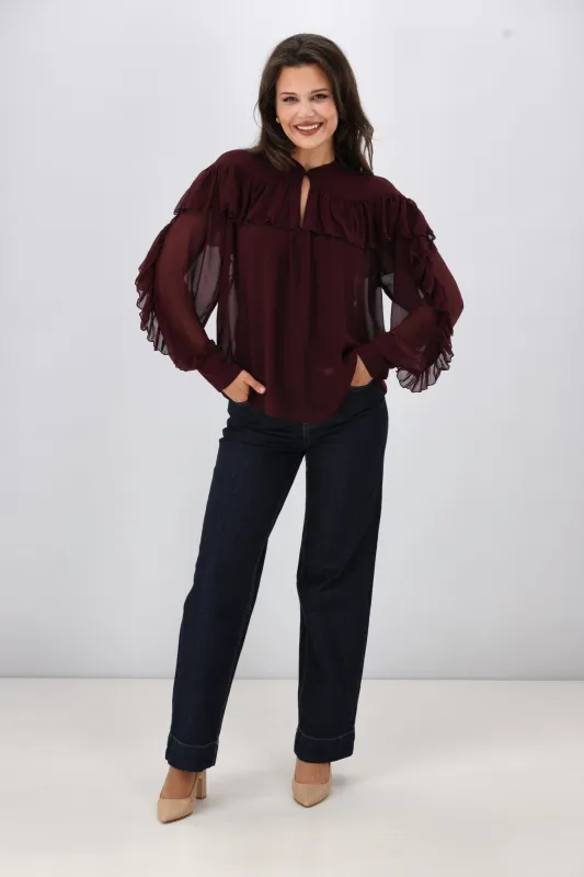 Gloss the Label Belle Chiffon Ruffle Top Merlot sold by Shine On