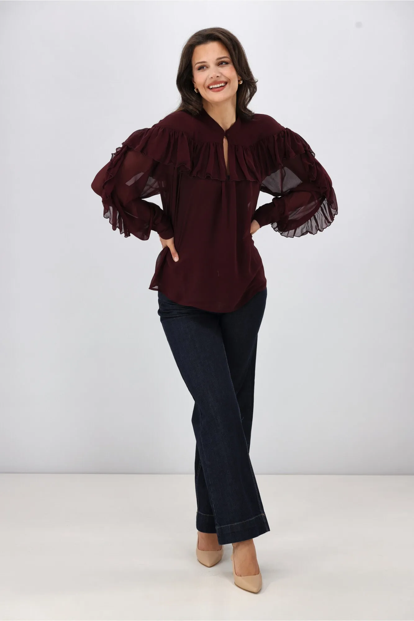 Gloss the Label Belle Chiffon Ruffle Top Merlot sold by Shine On product image thumbnail 3