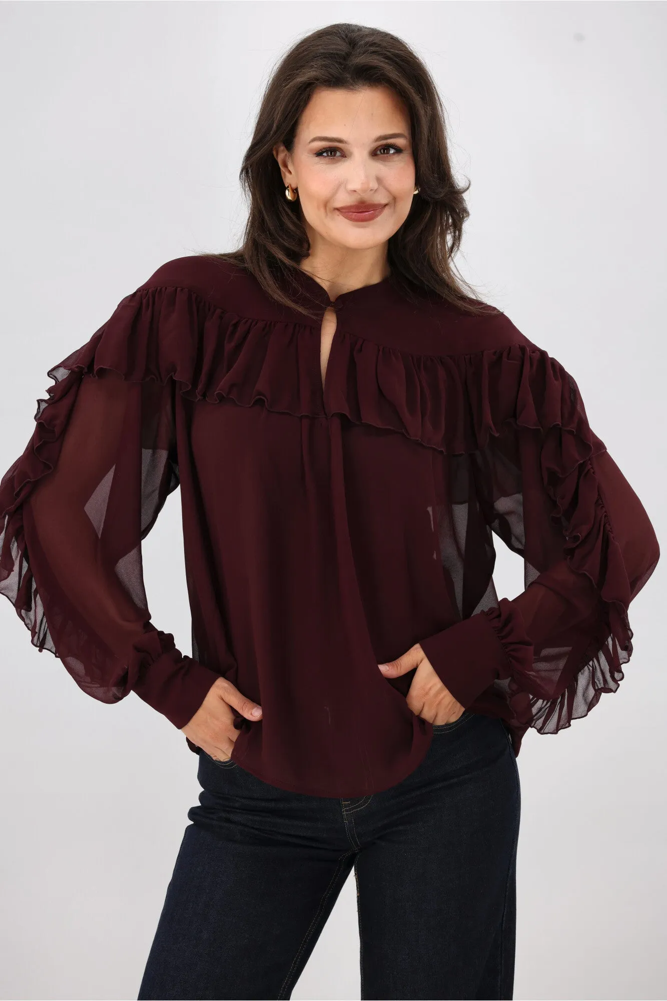 Gloss the Label Belle Chiffon Ruffle Top Merlot sold by Shine On product image thumbnail 2