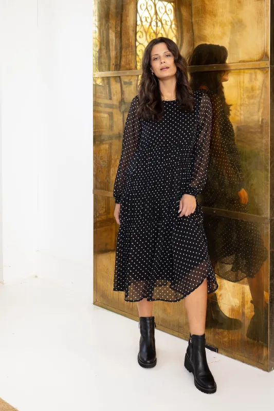 Gloss the Label Mariella Shirred Detail Dress Black Polka Dot sold by Shine On