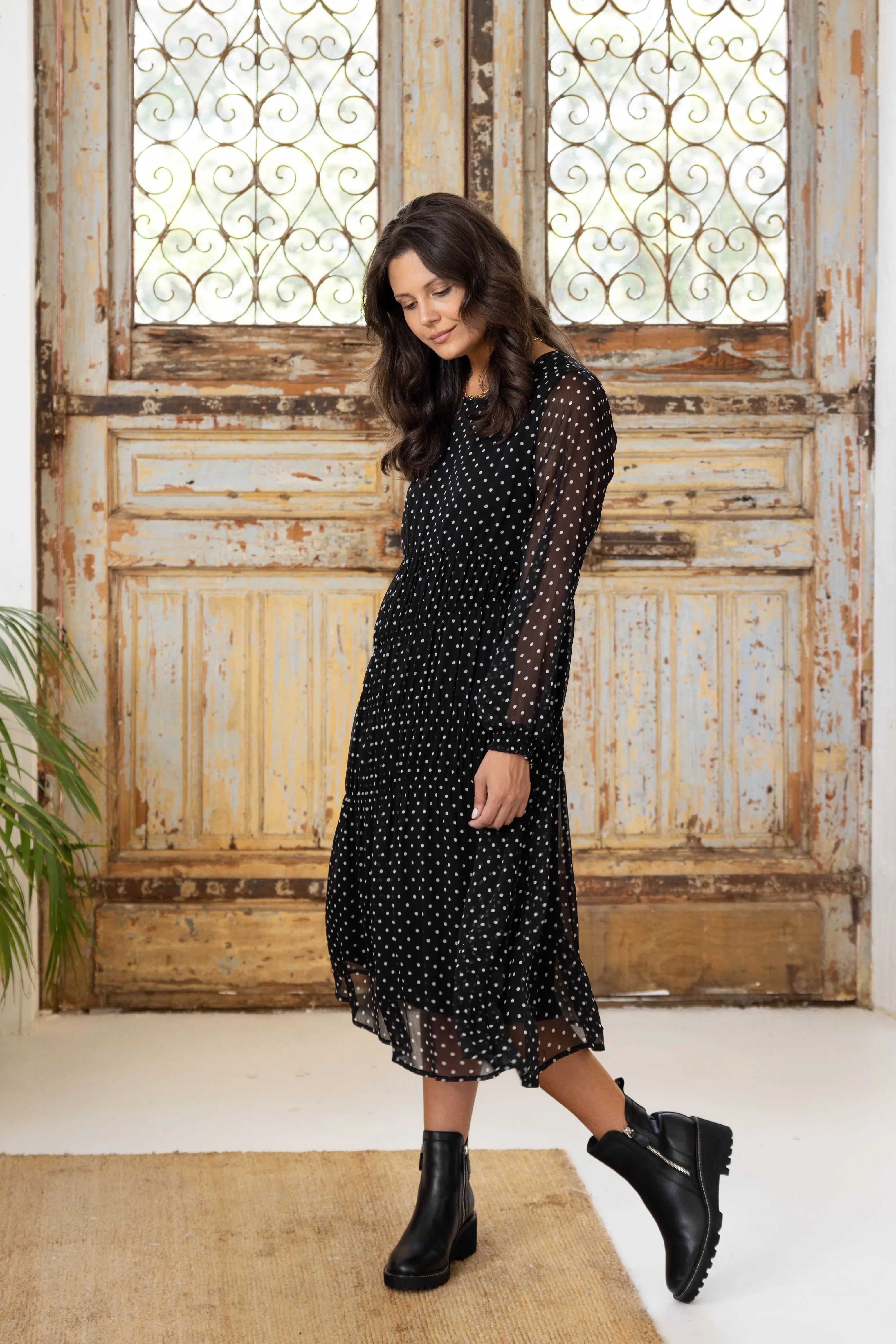 Gloss the Label Mariella Shirred Detail Dress Black Polka Dot sold by Shine On product image thumbnail 3