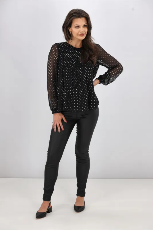 Gloss the Label Olsen Shirred Detail Top Black Polka Dot sold by Shine On
