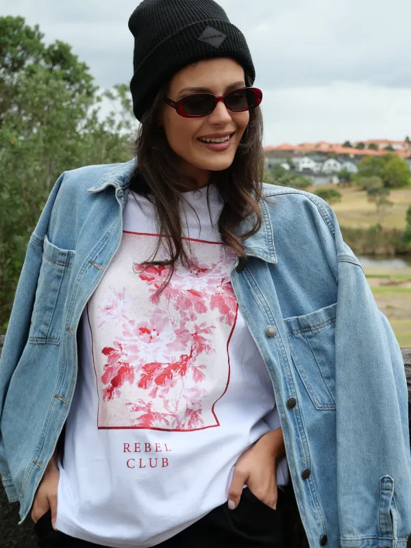 Rebel Club Floral Edge Boyfriend Tee White sold by Shine On