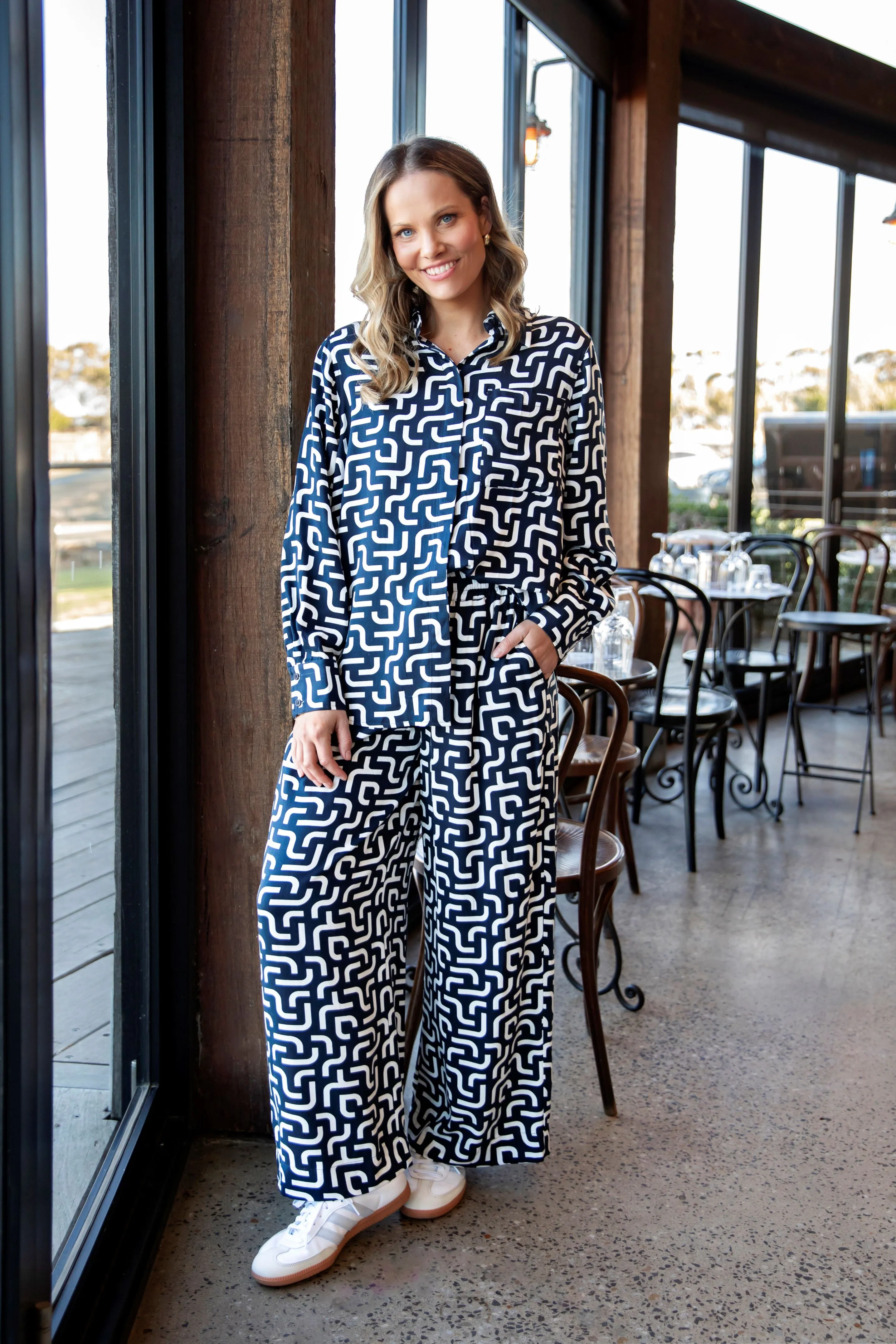 Elm Gemma Geo Pant Navy Geo Print sold by Shine On