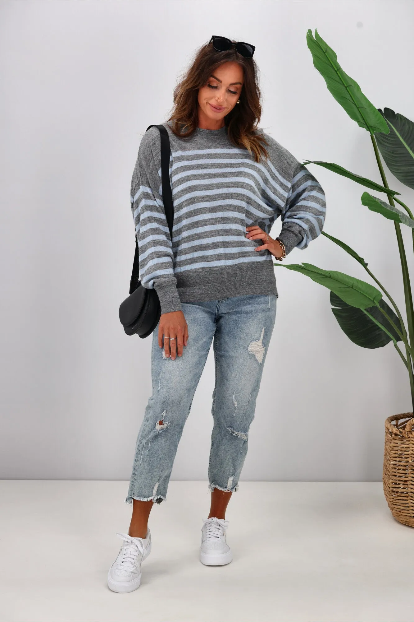 Alpine by Shine On Georgia Striped Merino Batwing Top Grey Marle Blue sold by Shine On product image thumbnail 4