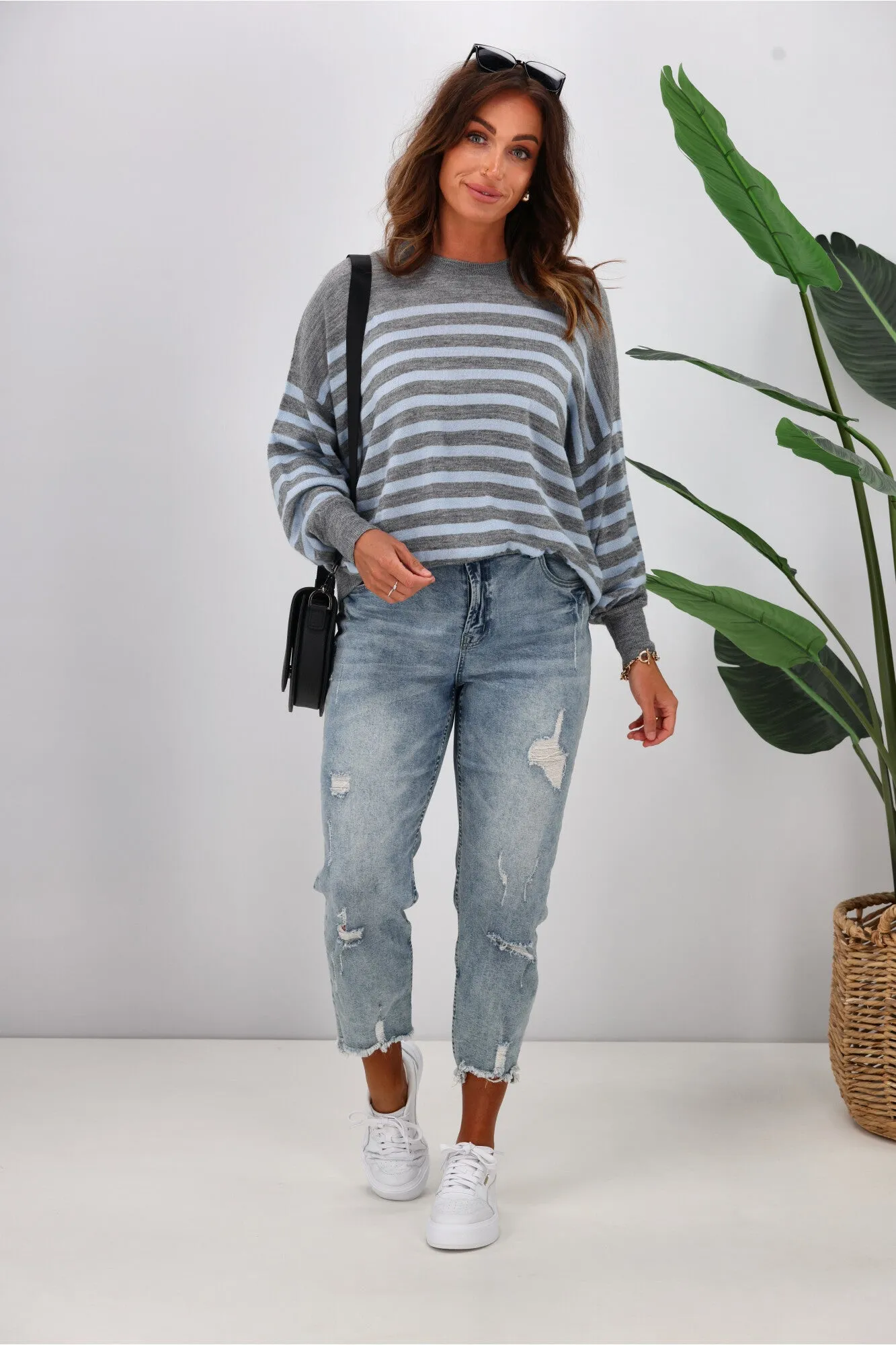 Alpine by Shine On Georgia Striped Merino Batwing Top Grey Marle Blue sold by Shine On product image thumbnail 3