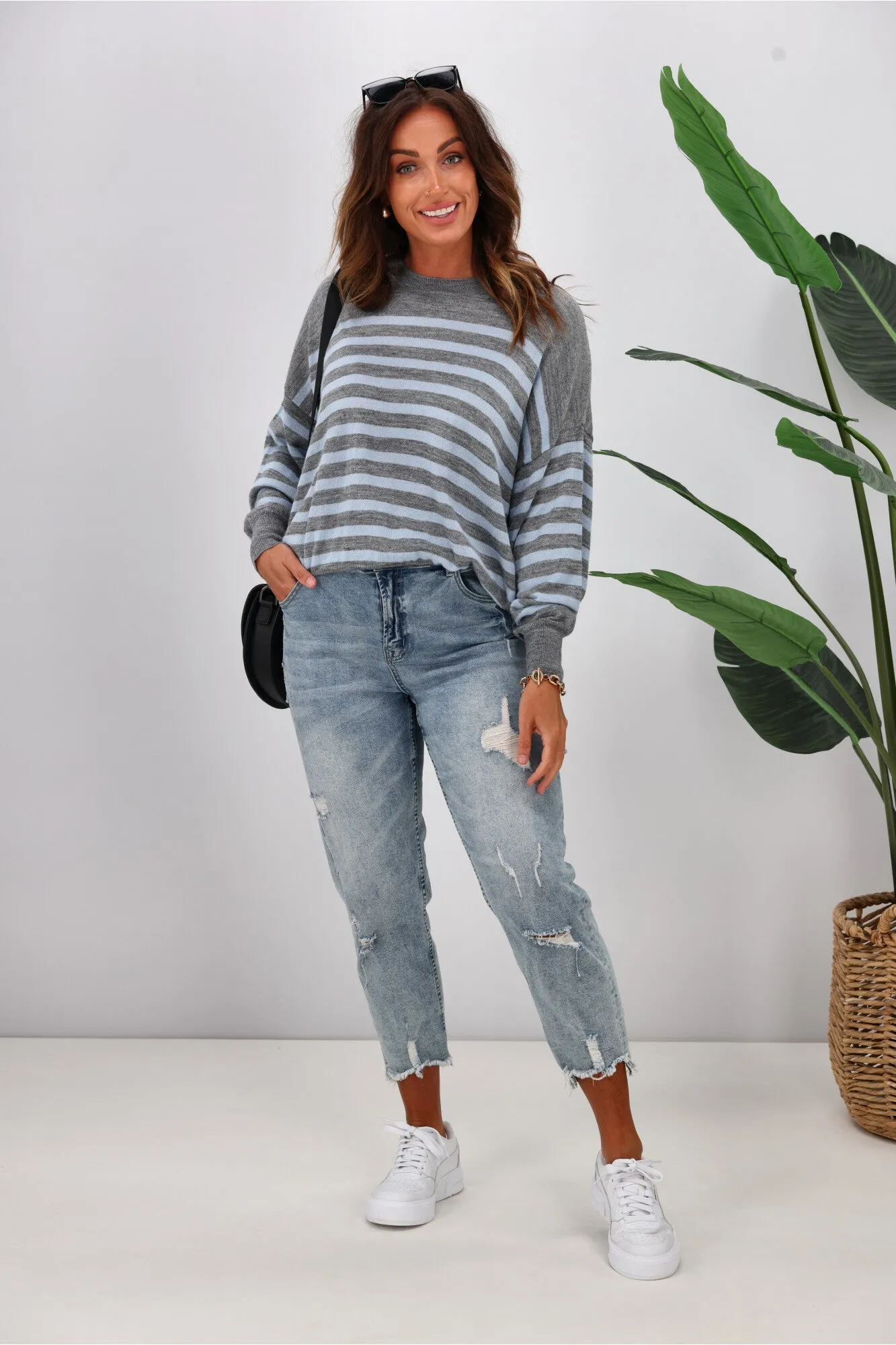 Alpine by Shine On Georgia Striped Merino Batwing Top Grey Marle Blue sold by Shine On