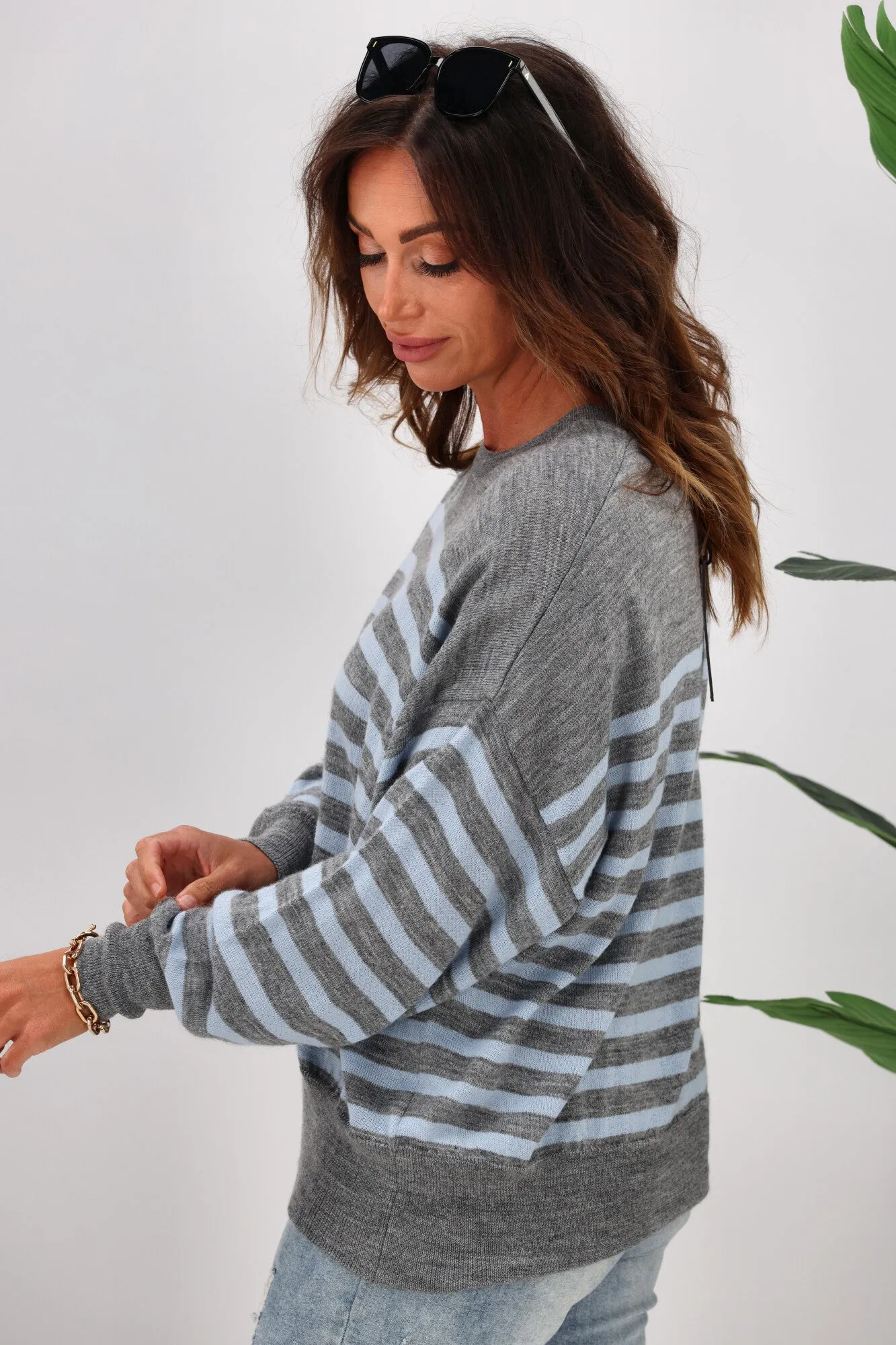 Alpine by Shine On Georgia Striped Merino Batwing Top Grey Marle Blue sold by Shine On product image thumbnail 5