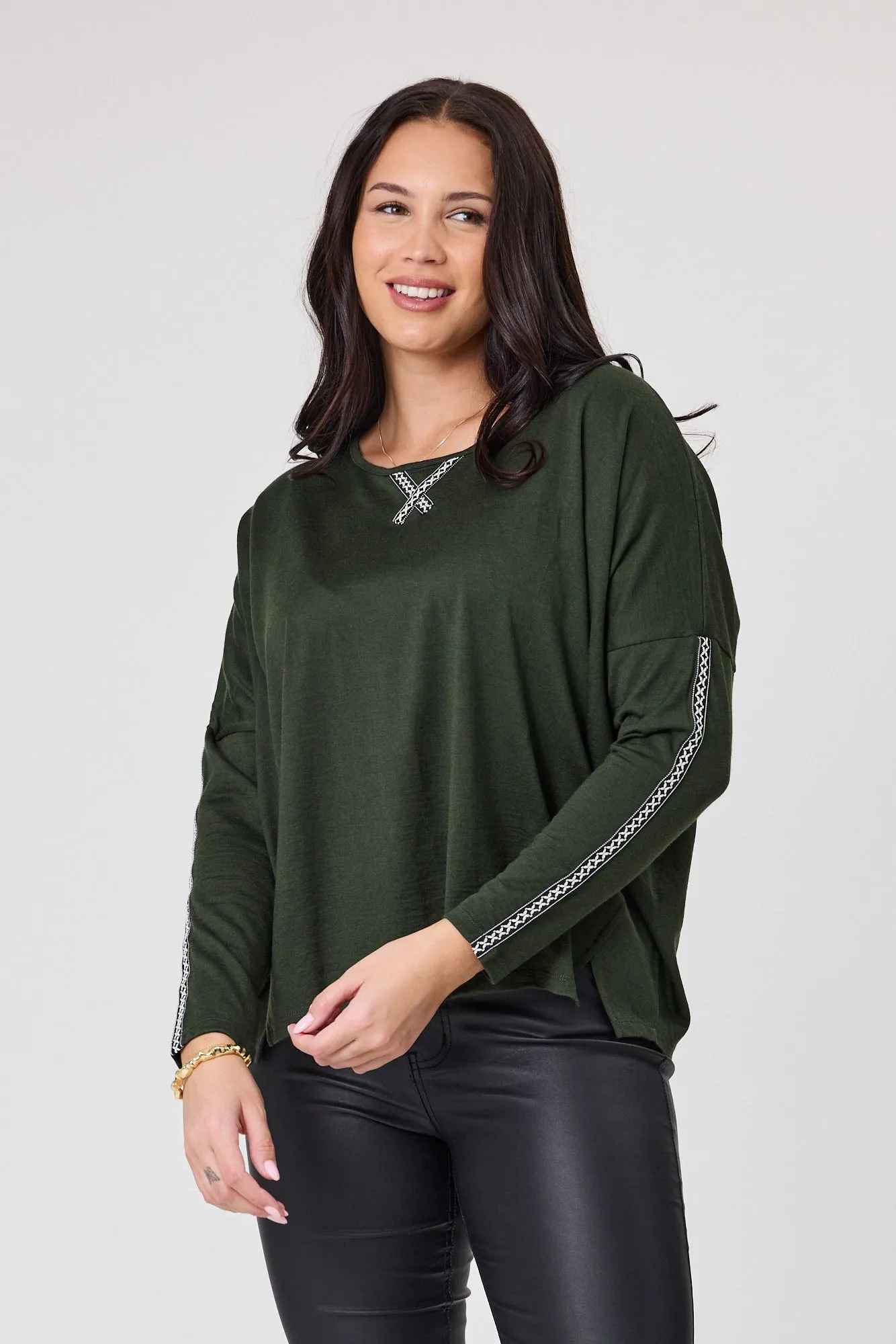 Alpine by Shine On Regina Cross Trim Merino Top Olive sold by Shine On product image thumbnail 2