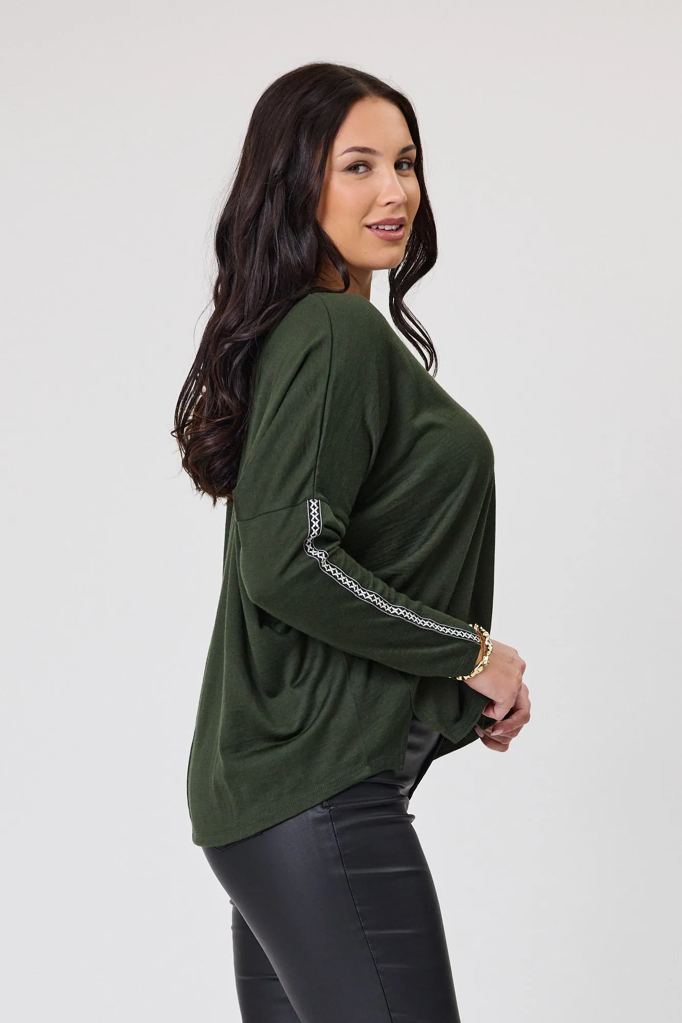 Alpine by Shine On Regina Cross Trim Merino Top Olive sold by Shine On product image thumbnail 3