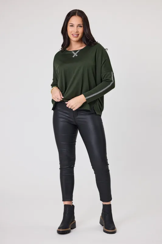 Alpine by Shine On Regina Cross Trim Merino Top Olive sold by Shine On