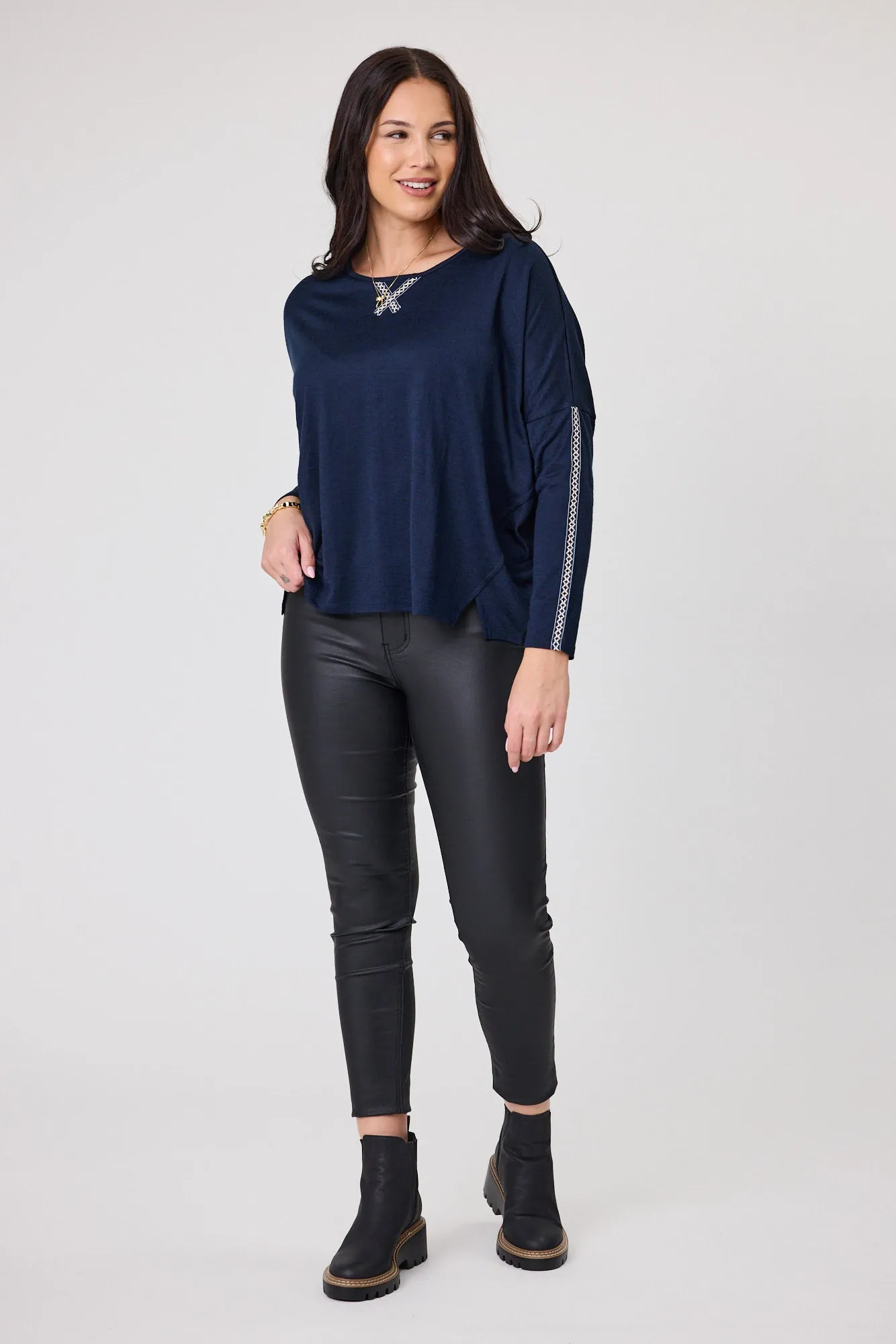 Alpine by Shine On Regina Cross Trim Merino Top Ink sold by Shine On