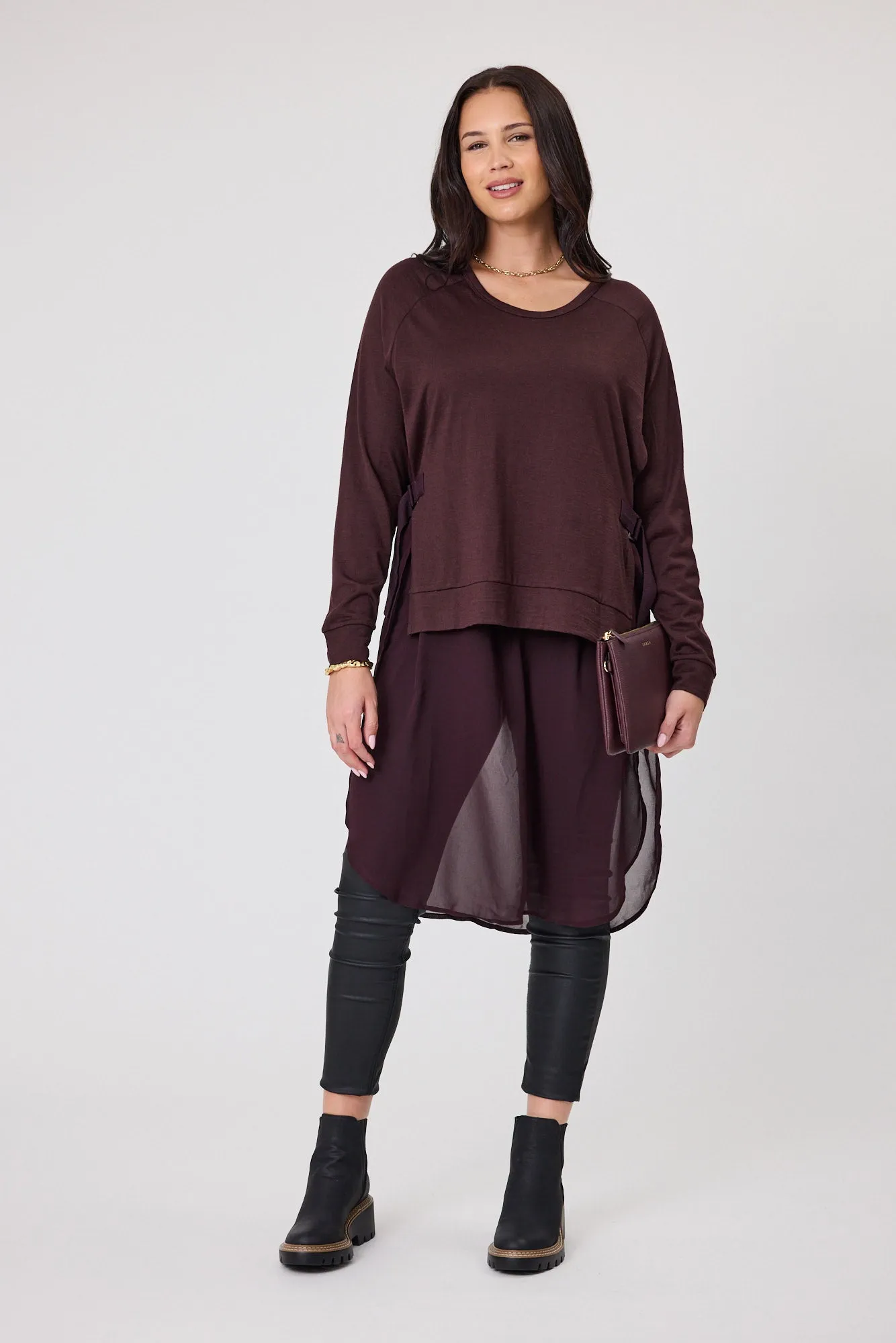 Alpine by Shine On Paris Merino & Chiffon Tunic Chocolate sold by Shine On